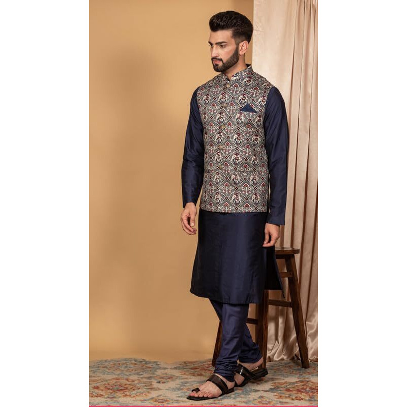 Kisah Men's Kurta Jacket Churidar Set, Grey Cotton Blend, Printed Regular Fit Mandarin Collar Long Sleeves (40)