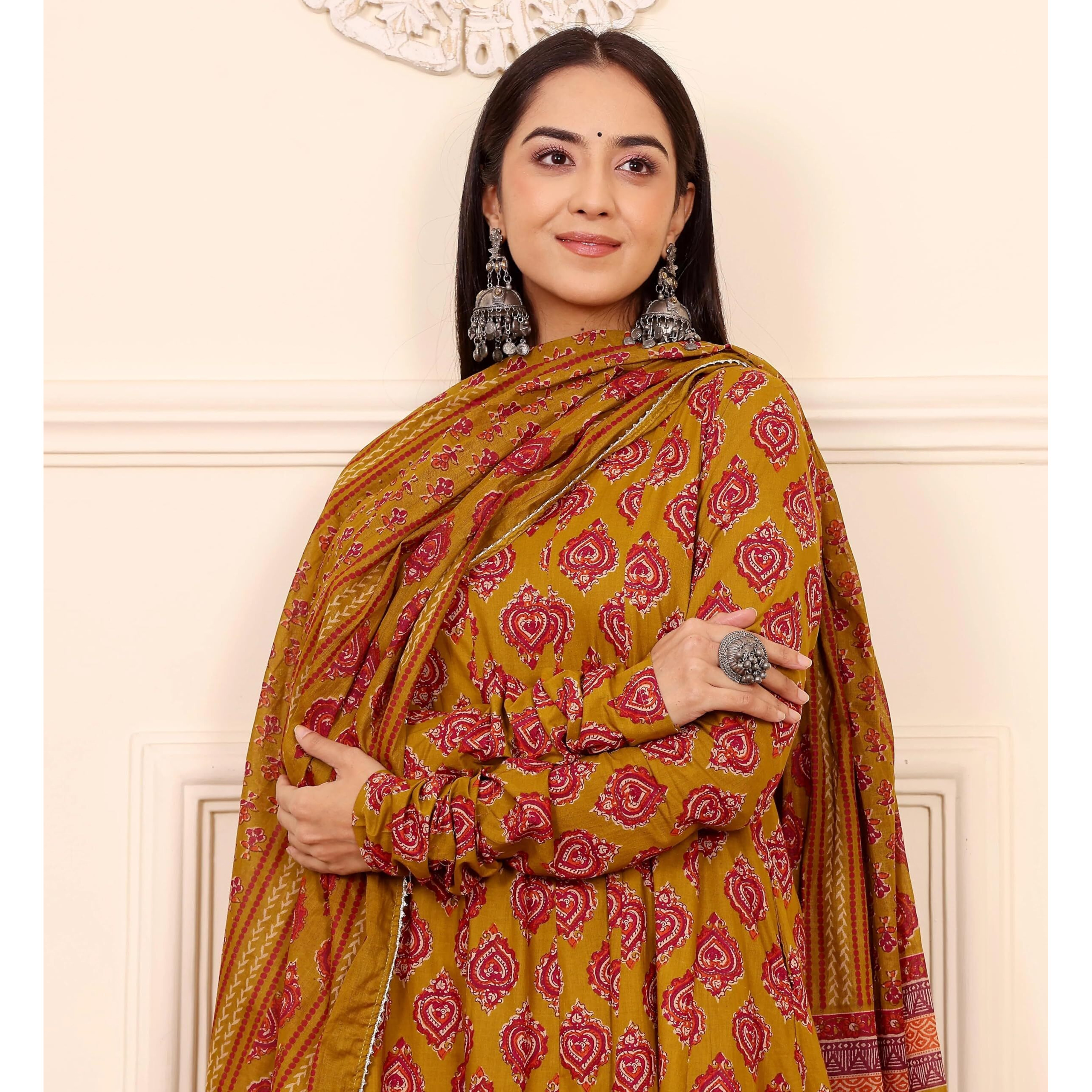 Nermosa Women Printed Anarkali Kurta And Pant Set With Dupatta (In, Alpha, M, Mustard Yellow)