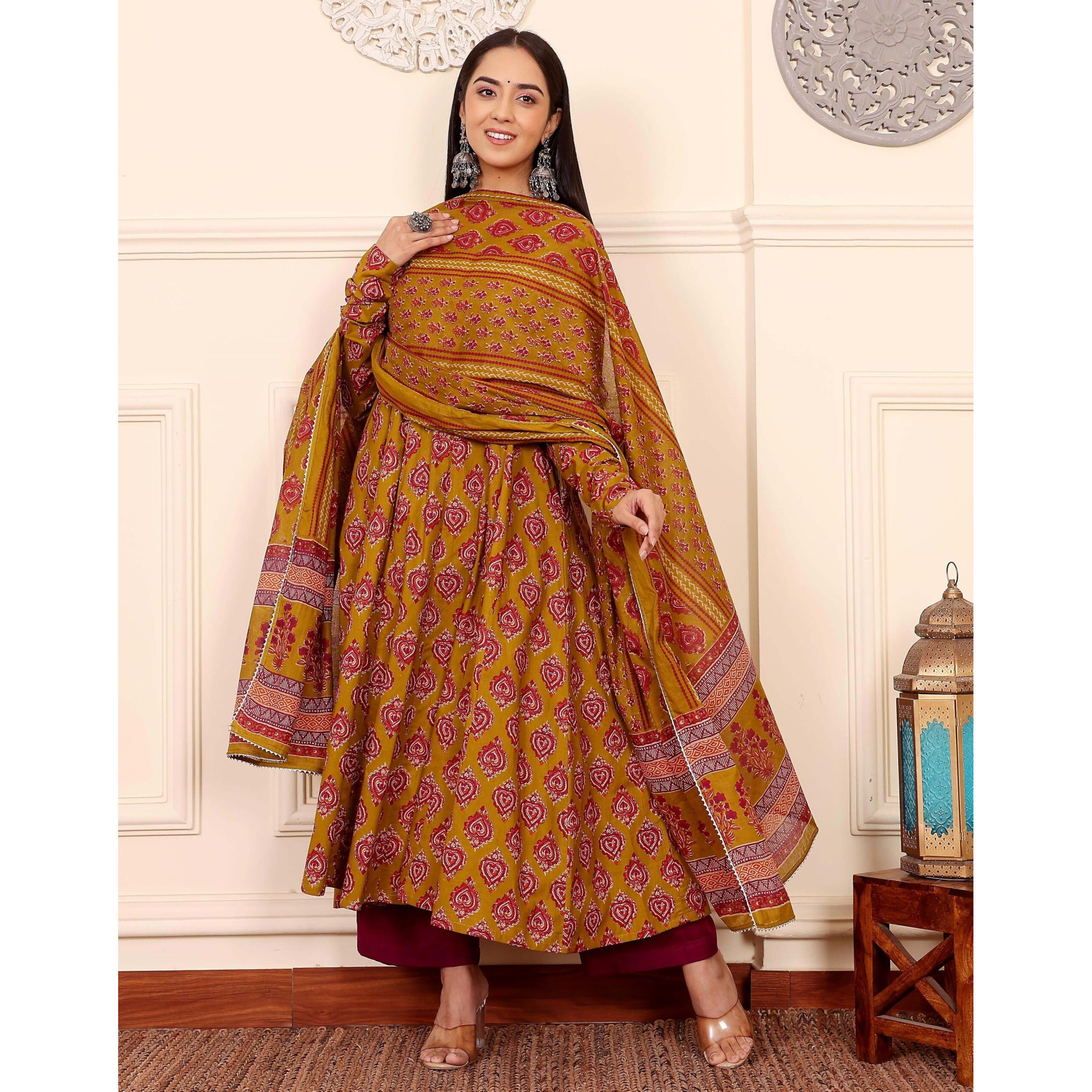Nermosa Women Printed Anarkali Kurta And Pant Set With Dupatta (In, Alpha, M, Mustard Yellow)
