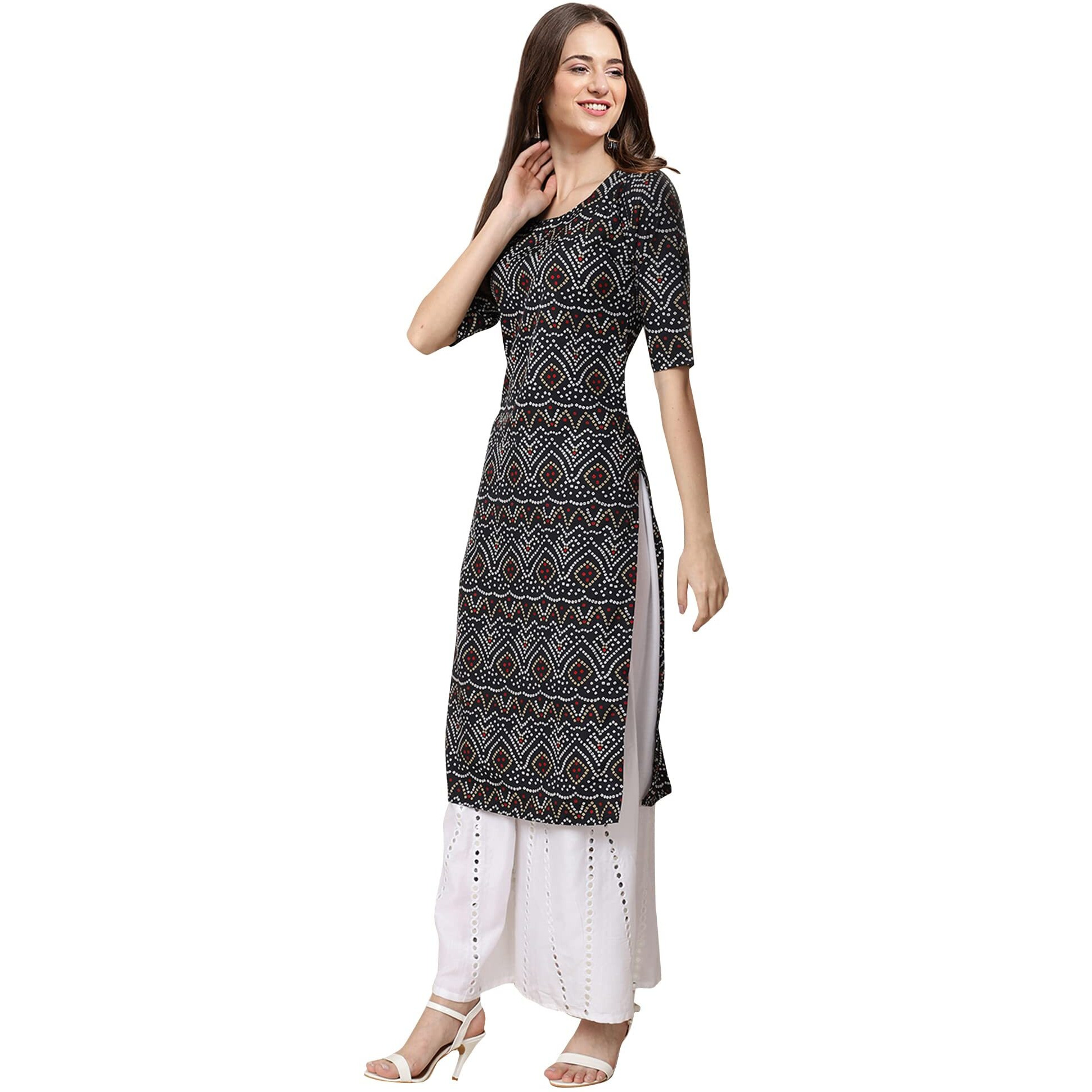 Pinkmint Women's Crepe Black Color Ethnic Motif Printed Straight Kurti[Nb-530373-M]