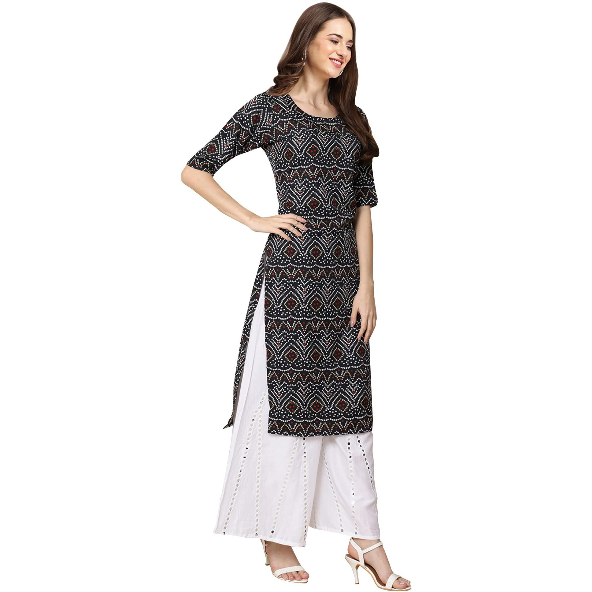 Pinkmint Women's Crepe Black Color Ethnic Motif Printed Straight Kurti[Nb-530373-M]
