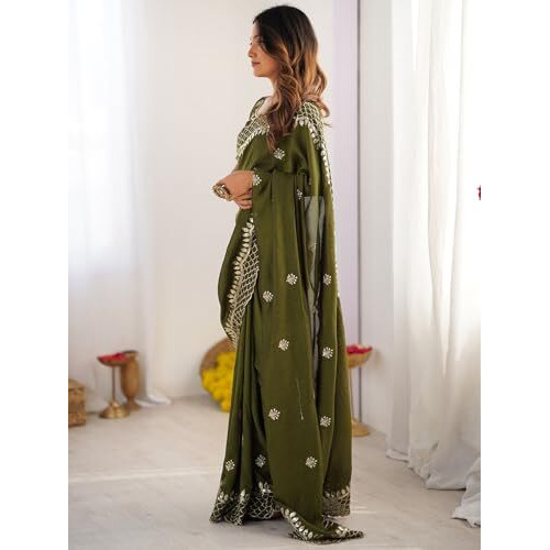 Satrani Women's Silk Sequins Embroidery Scalloped Border Saree With Unstitched Blouse Piece (4318S172N_Olive Green)