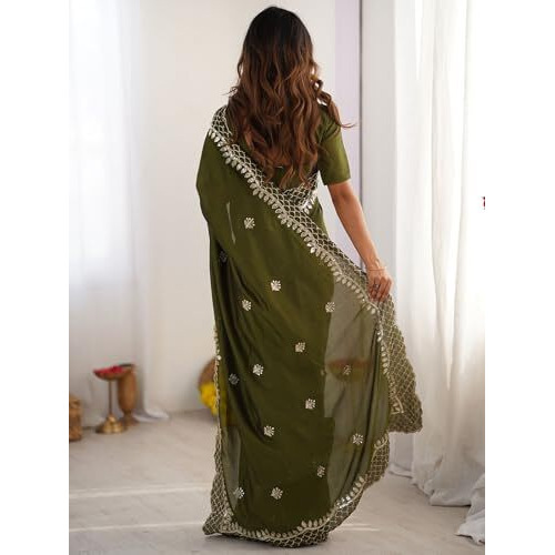 Satrani Women's Silk Sequins Embroidery Scalloped Border Saree With Unstitched Blouse Piece (4318S172N_Olive Green)
