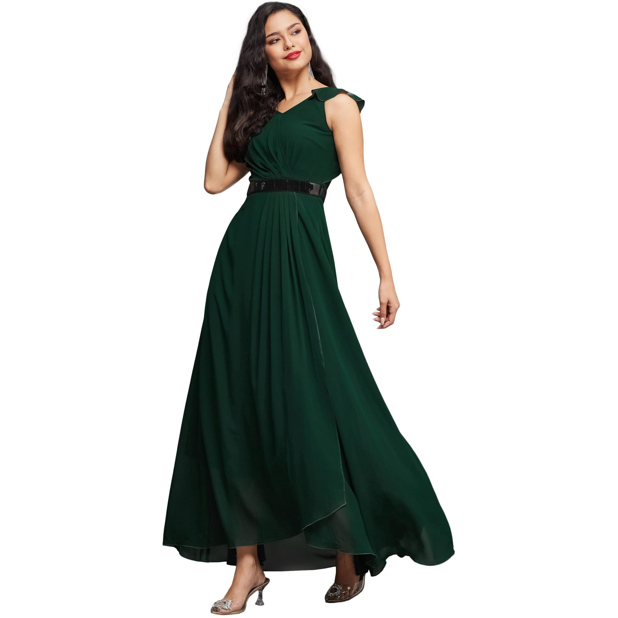 Miss Chase Women's V-Neck Ruffled Sleeve Solid Embellished Maxi Dress With Pockets (Mcaw21D06-17-42-04, Dark Green, M)
