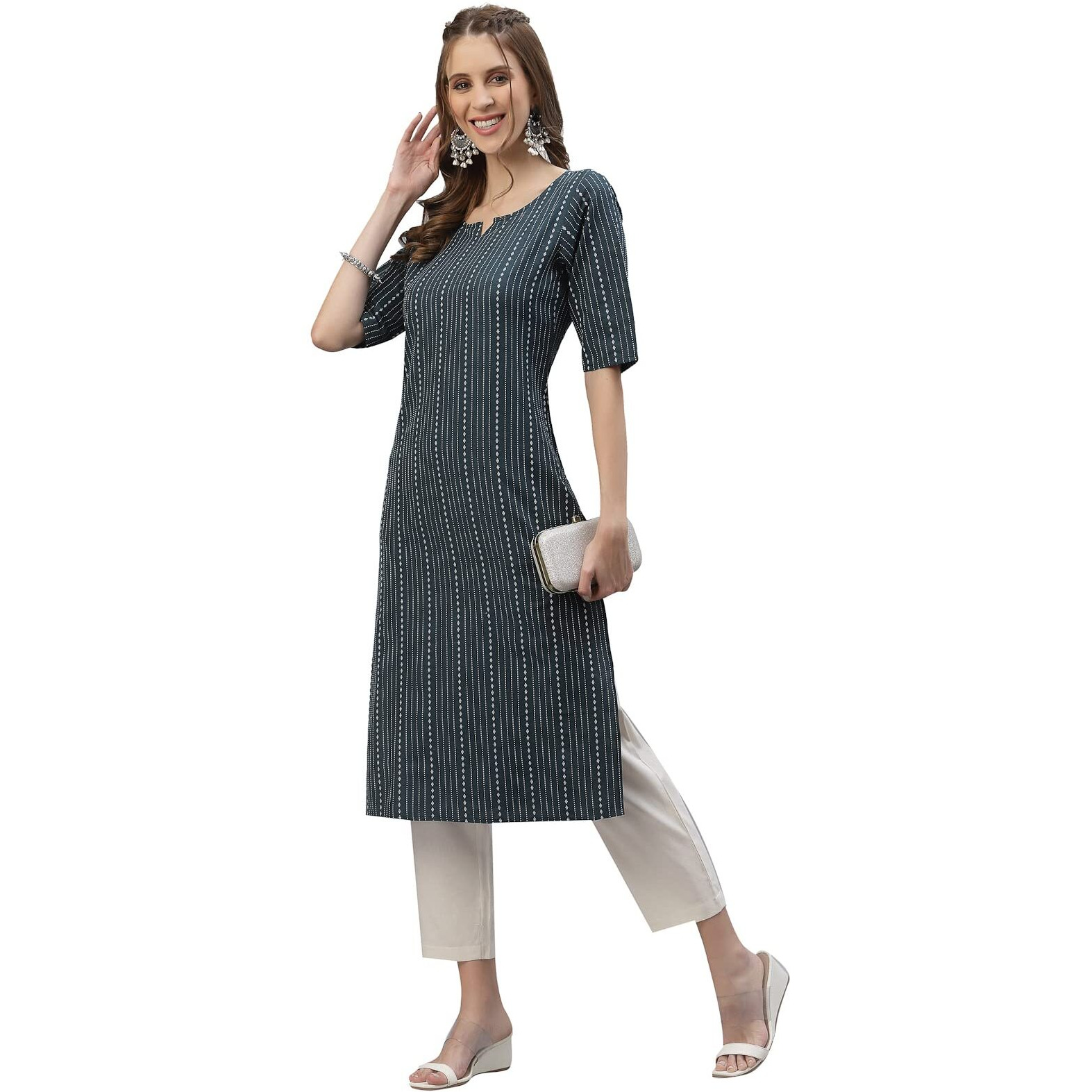 Stylum Women's Self Woven Striped Cotton Blend Straight Kurta (Daisyteal44_Teal, Xxl)