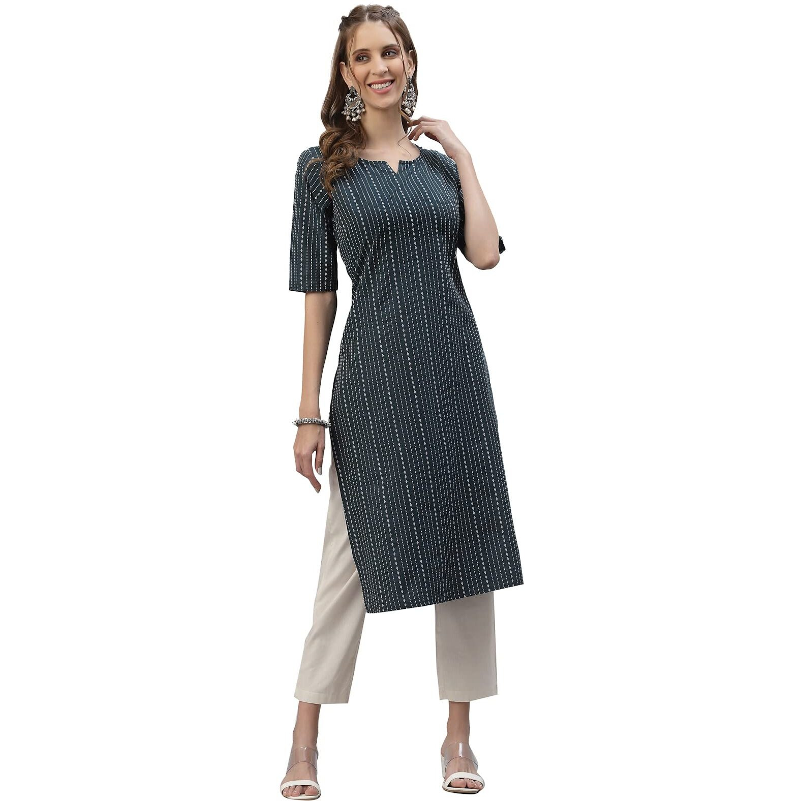 Stylum Women's Self Woven Striped Cotton Blend Straight Kurta (Daisyteal44_Teal, Xxl)