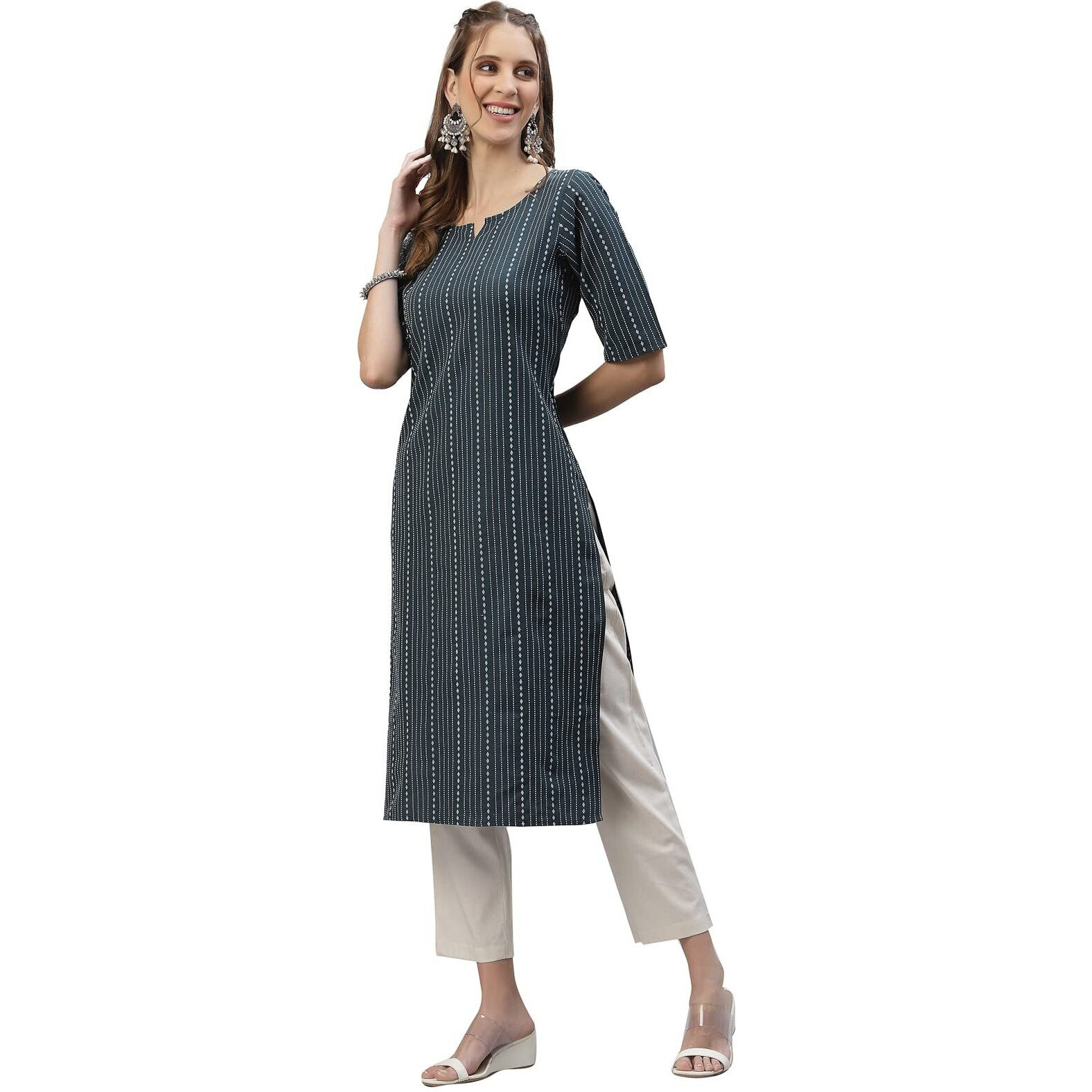 Stylum Women's Self Woven Striped Cotton Blend Straight Kurta (Daisyteal44_Teal, Xxl)