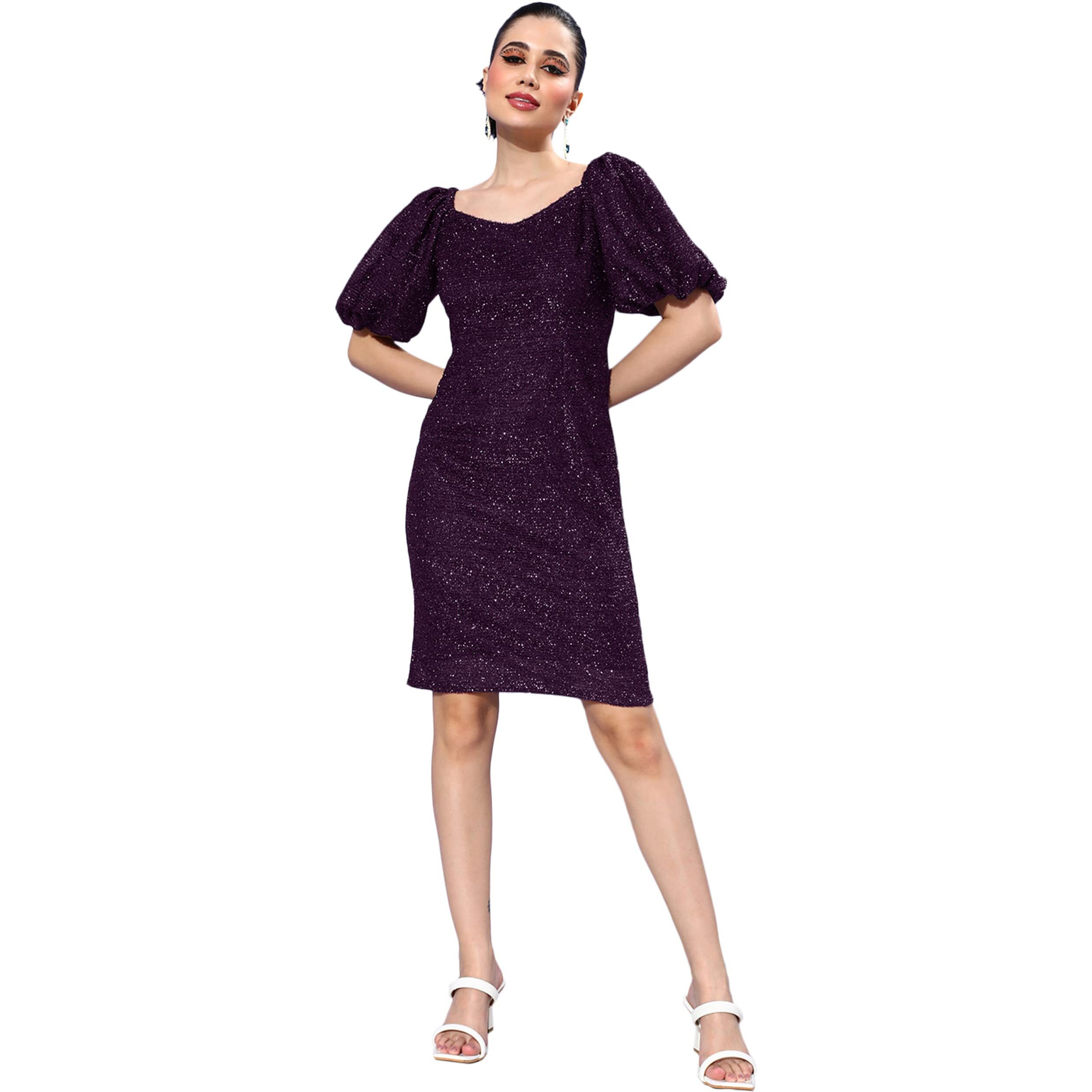 Miss Chase Women's Dark Purple-Colored Square Neck Half Sleeve Self Design Bodycon Mini Dress (Mcaw22D16-29-289-06, Purple, Xl)