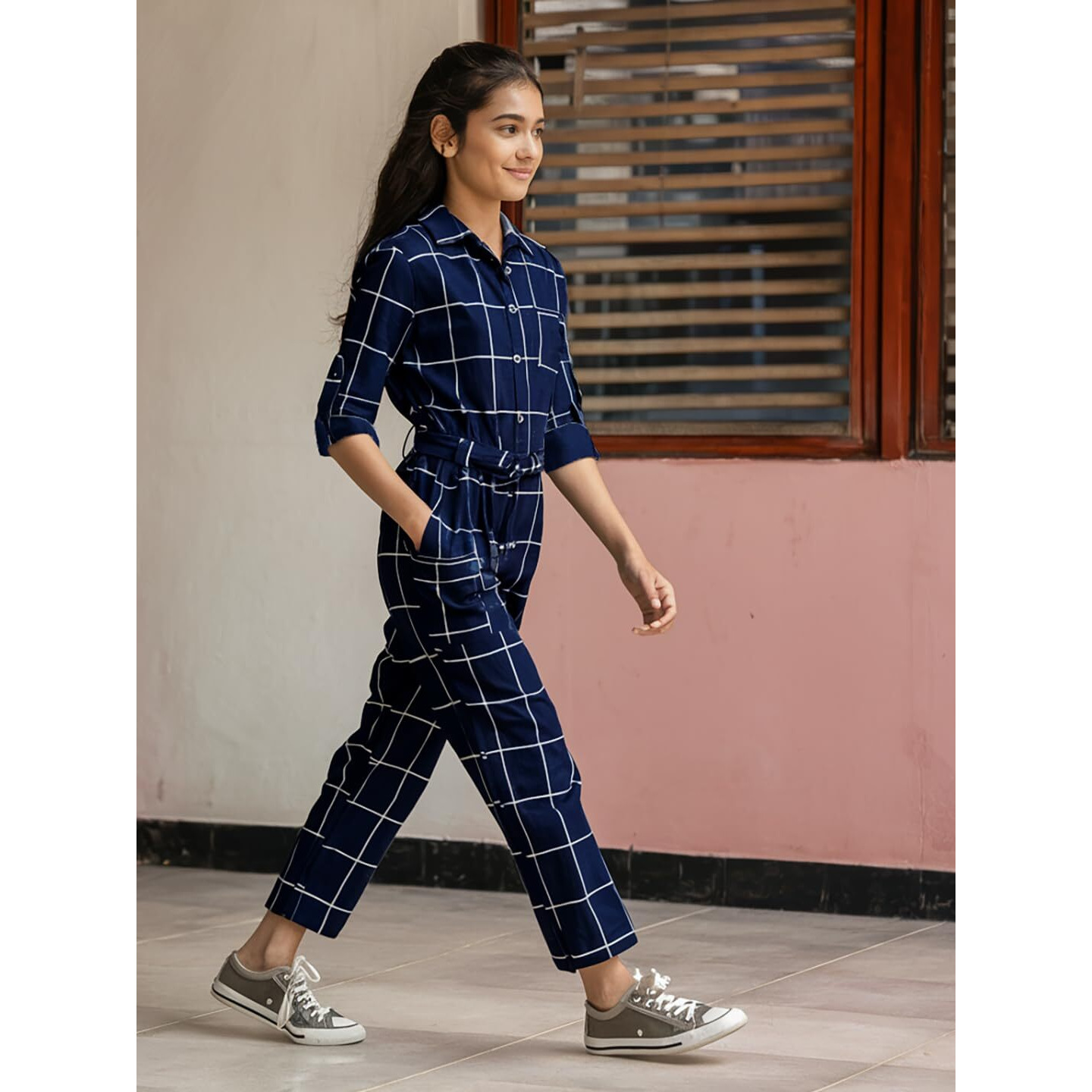 Naughty Ninos Girls Navy Blue Checkered Printed Jumpsuit (Nn01034Drs_5-6 Years)