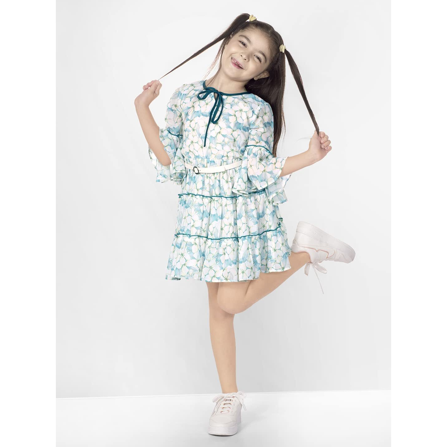 Naughty Ninos Green & White Floral Tie-Up Neck Georgette Dress(Nn00866Drs-56)