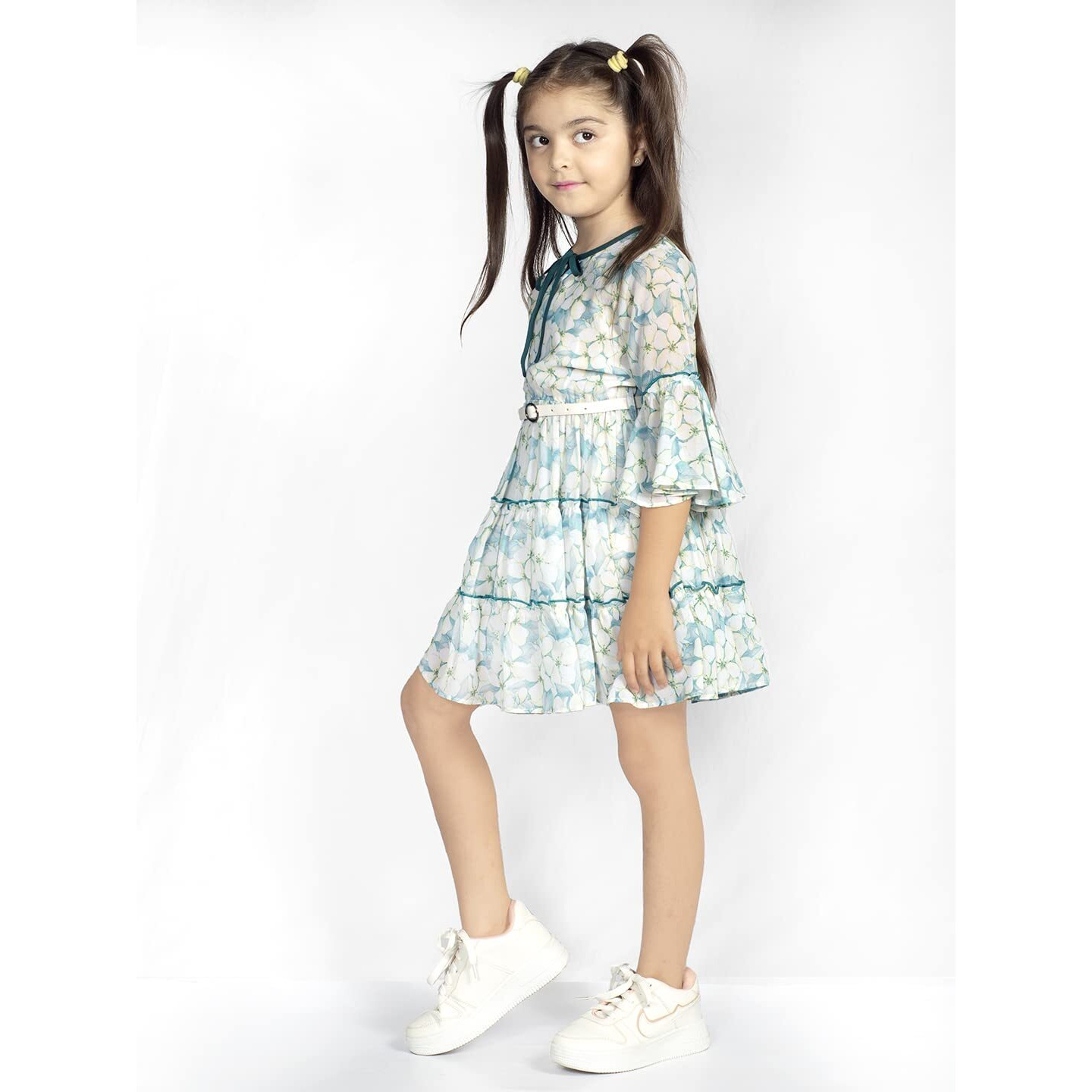 Naughty Ninos Green & White Floral Tie-Up Neck Georgette Dress(Nn00866Drs-56)