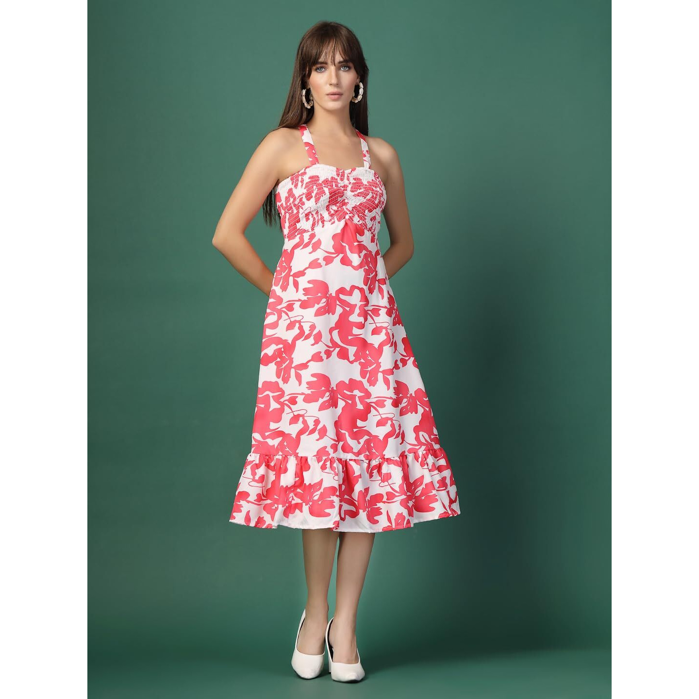 Oomph Women's Western & Fusion Wear Printed Crepe Dress For Women, Smocked Bodice, White - Md1052