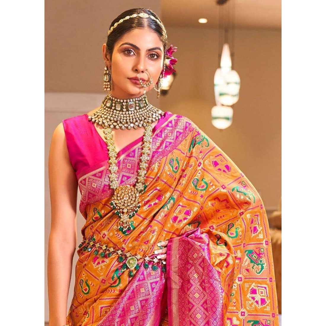 Flosive Women's Kanjivaram Mix Color Sona Chandi Silk Saree With Blouse (Orange)