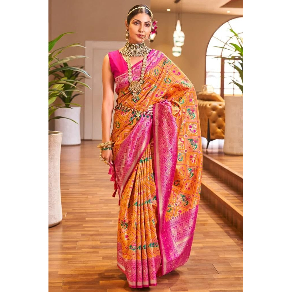Flosive Women's Kanjivaram Mix Color Sona Chandi Silk Saree With Blouse (Orange)