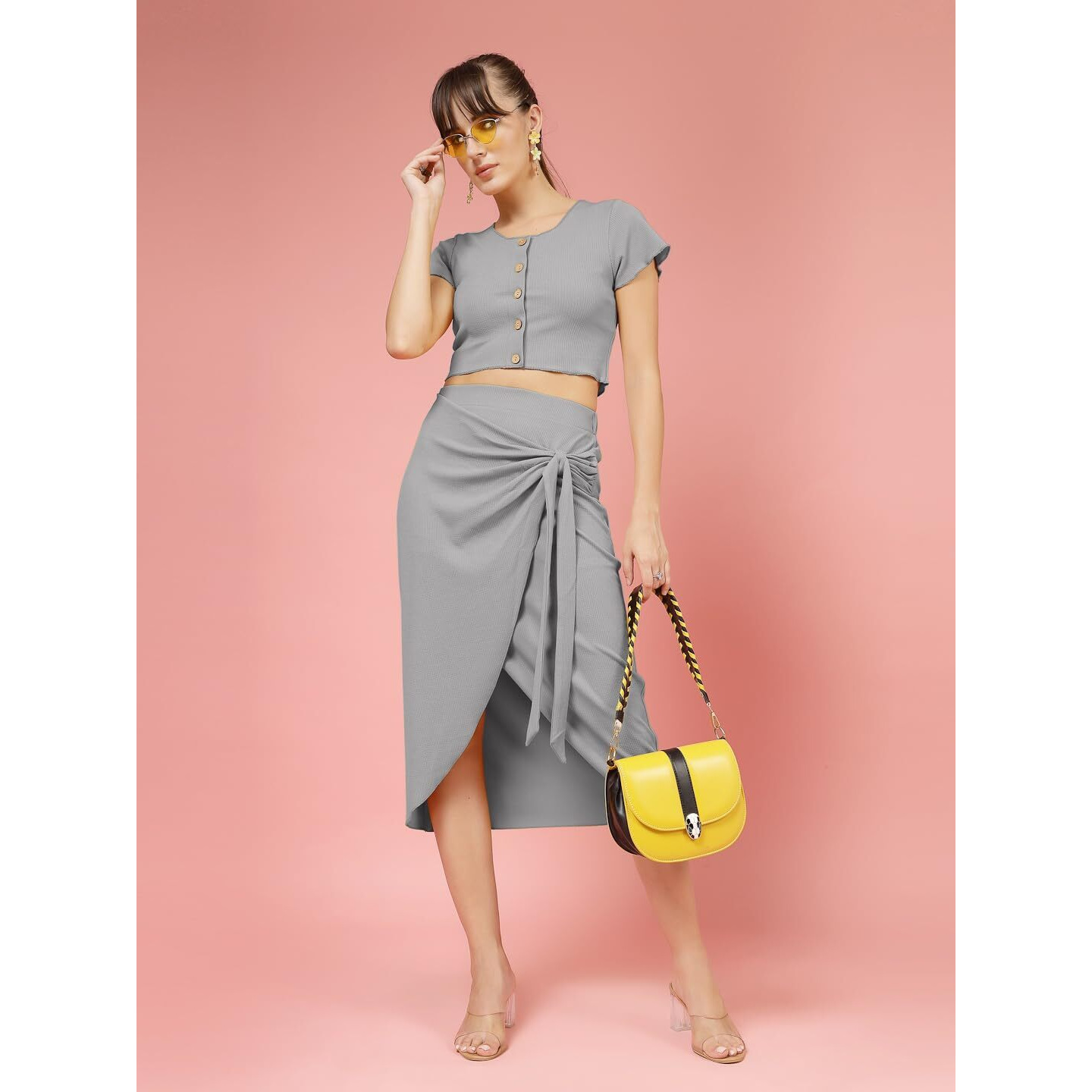 Oomph Stretchable Lycra Coord Crop Top And Skirt Set For Women, Grey - Coord_Mt979Msk256