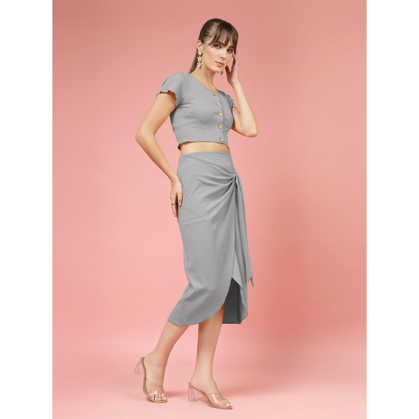 Oomph Stretchable Lycra Coord Crop Top And Skirt Set For Women, Grey - Coord_Mt979Msk256
