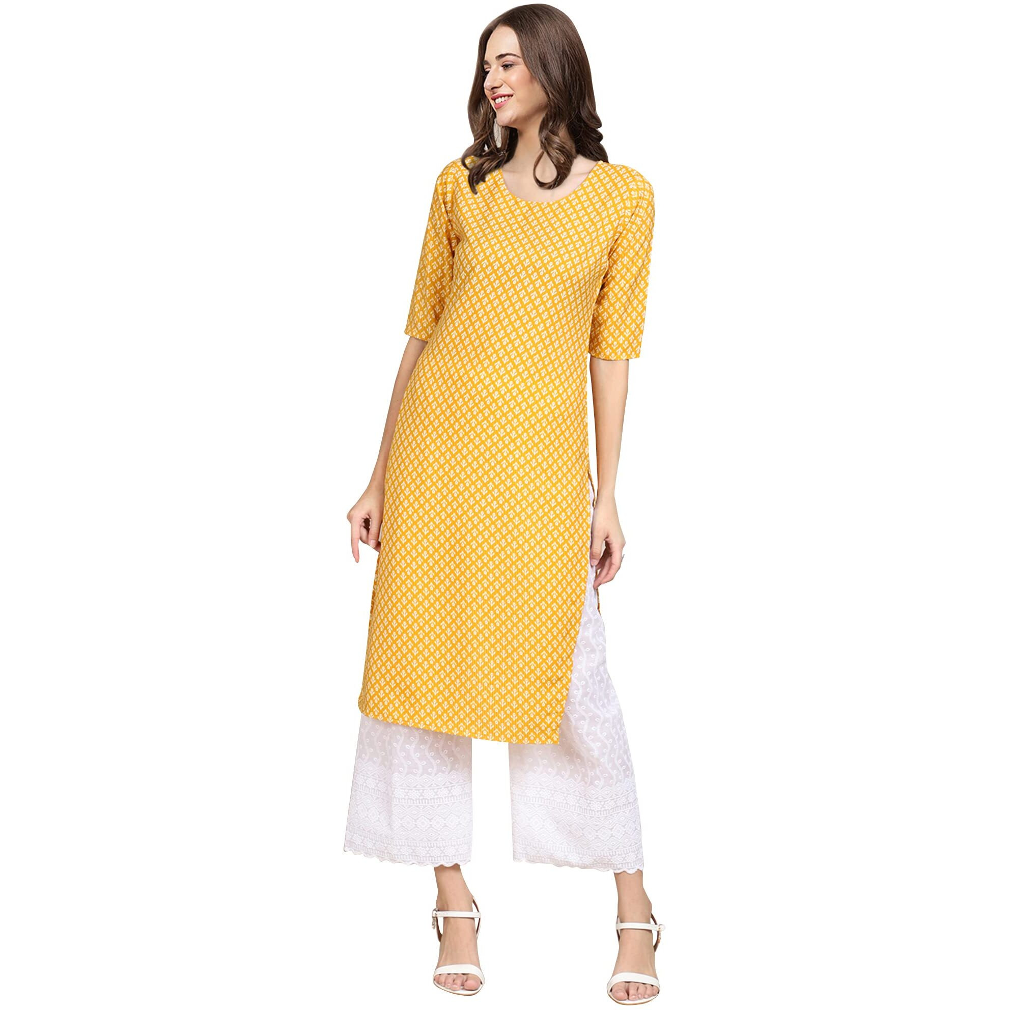 Pinkmint Women's Crepe Yellow Color Floral Printed Straight Kurti(Md-530350_S)