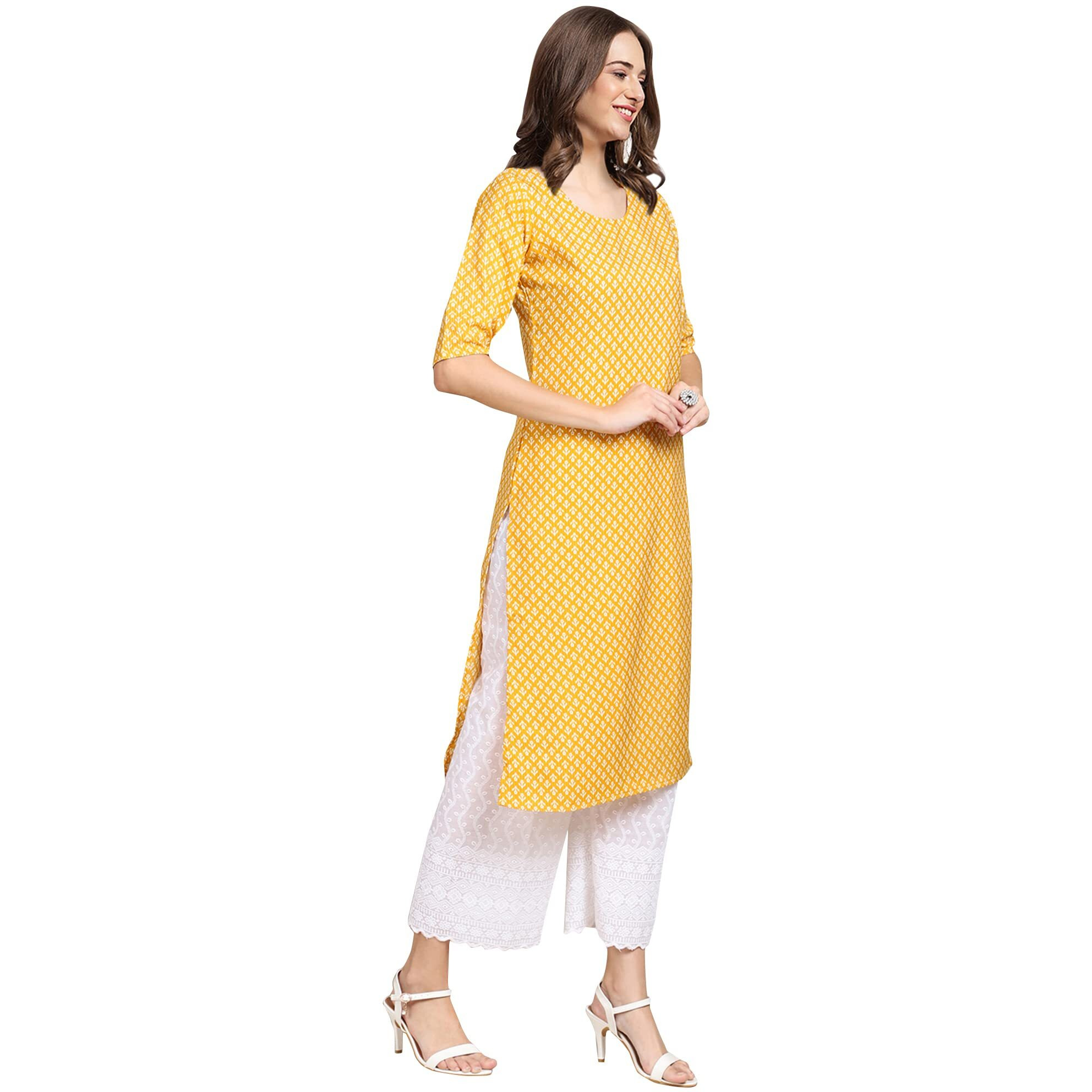 Pinkmint Women's Crepe Yellow Color Floral Printed Straight Kurti(Md-530350_S)