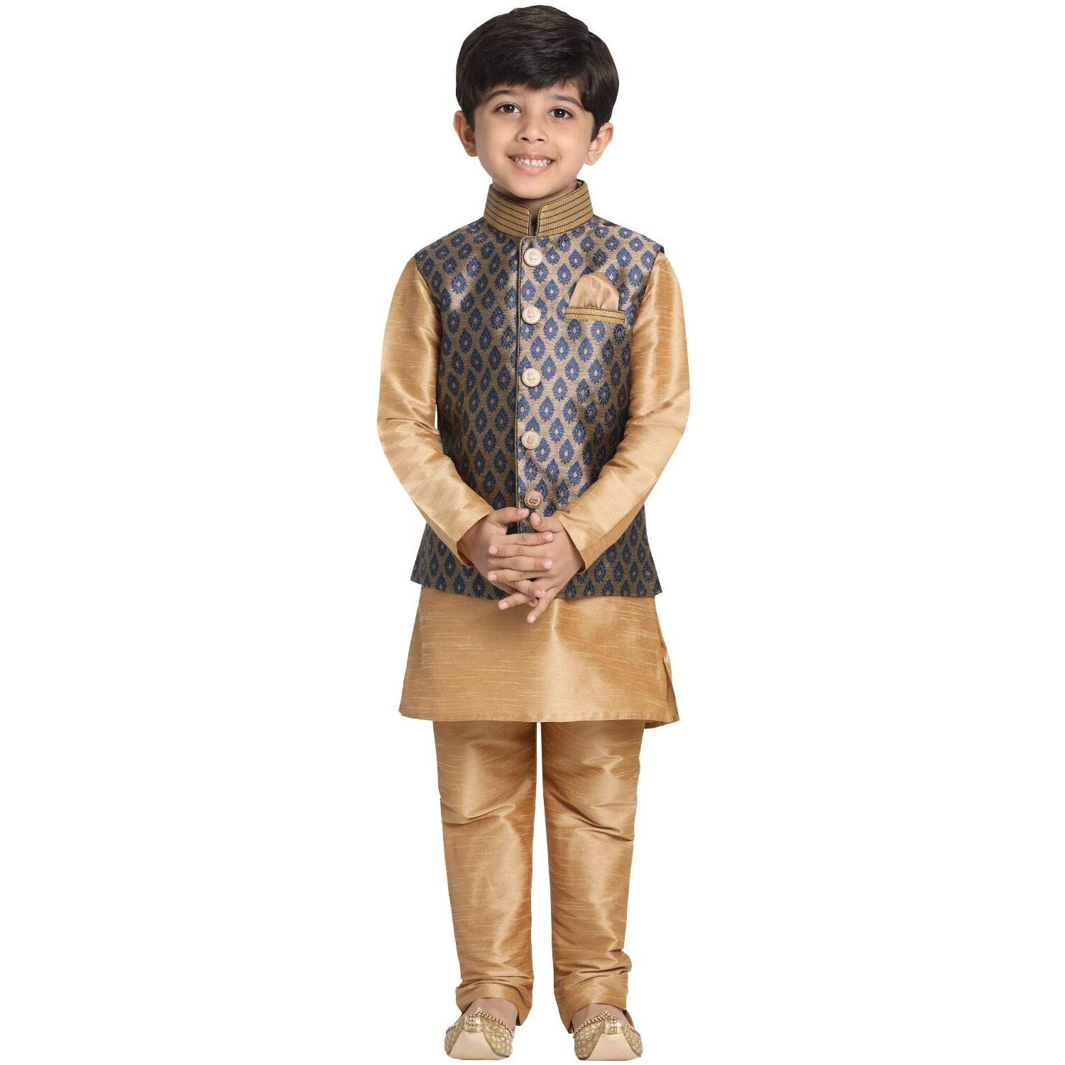 Jbn Creation Boys' Navy Blue And Rose Gold Silk Blend Kurta, Ethnic Jacket And Pyjama Set_Vasbj025Nbnbkrg001Nprg_32
