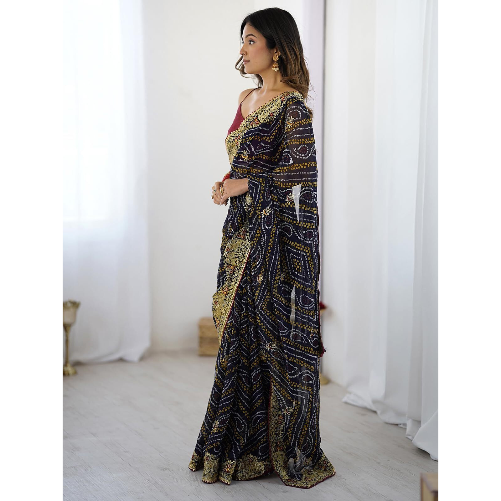 Satrani Women's Georgette Embroidery Bandhani Printed & Gota Lace Saree With Unstitched Blouse Piece (4132S137N_Dark Blue2)