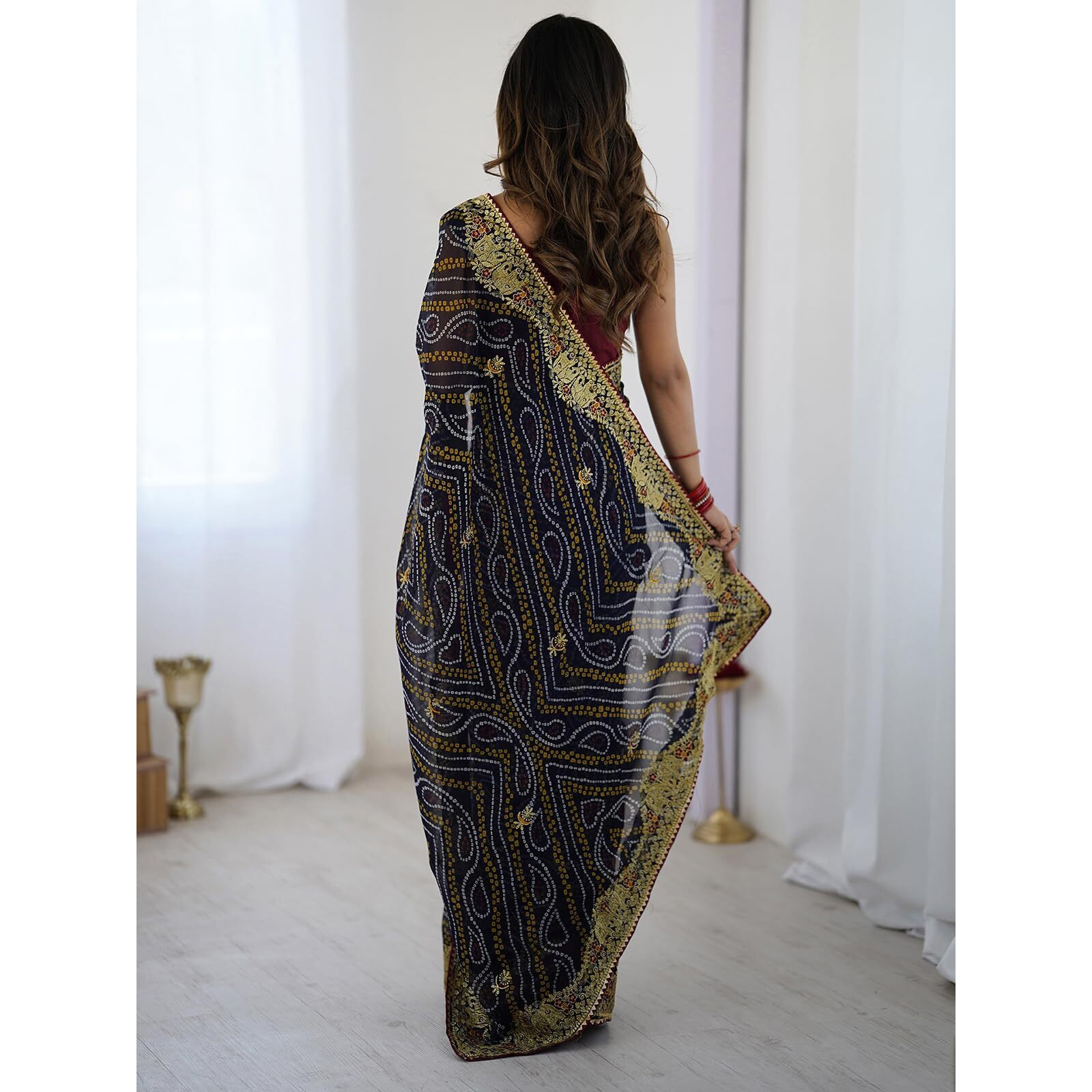 Satrani Women's Georgette Embroidery Bandhani Printed & Gota Lace Saree With Unstitched Blouse Piece (4132S137N_Dark Blue2)