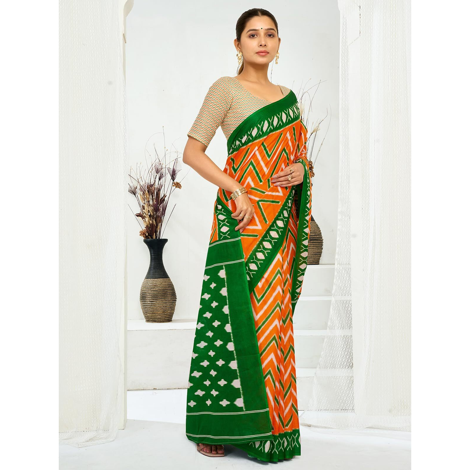 Satrani Women's Cotton Printed Republic Day Special Tiranga Saree With Unstitched Blouse Piece (4118S404N_Orange & Green & White)