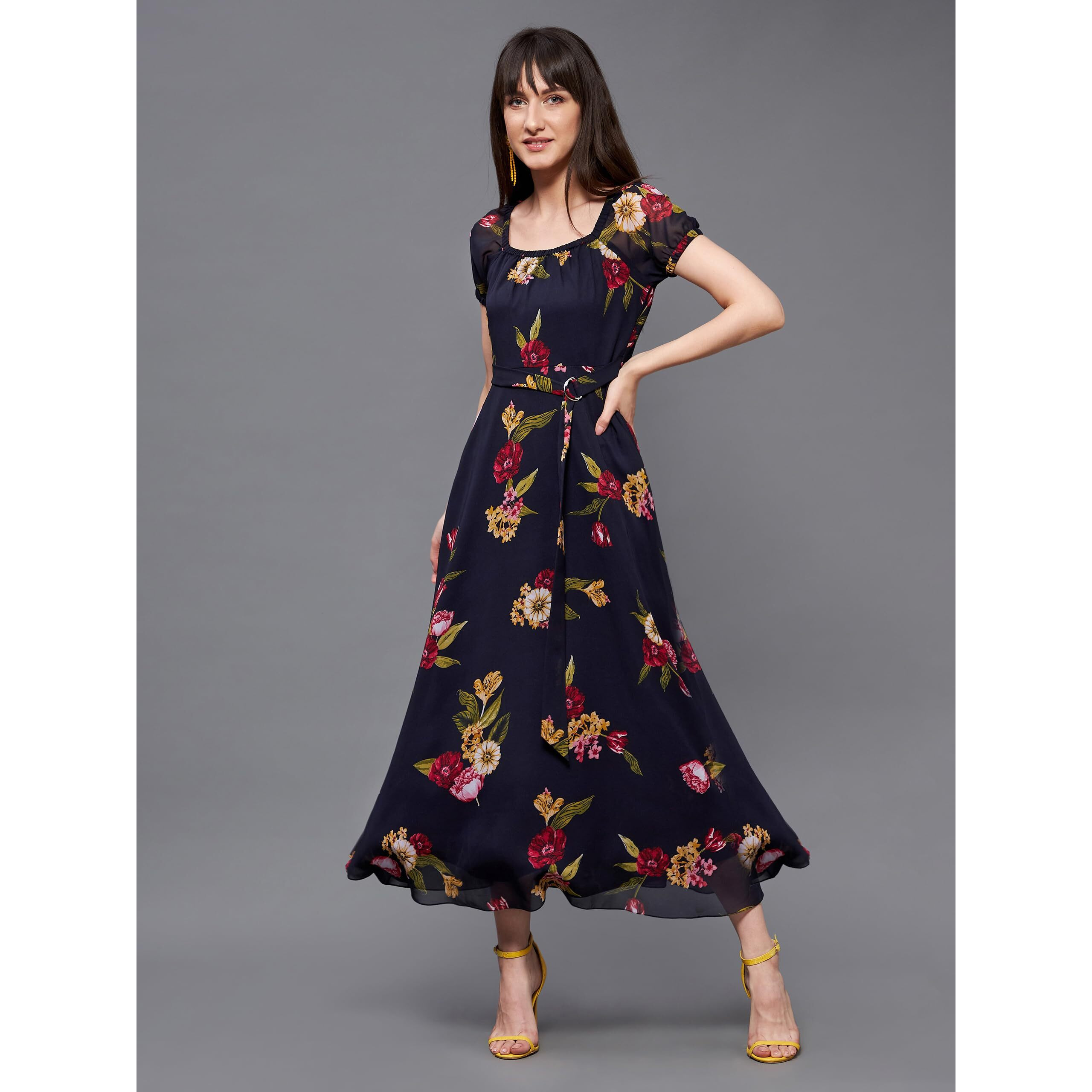 Miss Chase Women's Square Neck Short Puff Sleeve Floral Fit & Flare Georgette Midi Dress (Mcss22D16-21-178-05, Multicolored-Base-Navy Blue, L)
