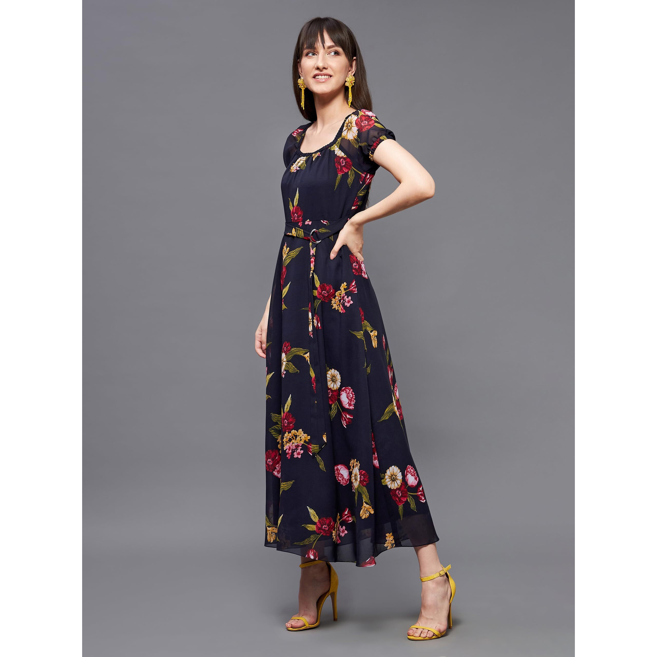 Miss Chase Women's Square Neck Short Puff Sleeve Floral Fit & Flare Georgette Midi Dress (Mcss22D16-21-178-05, Multicolored-Base-Navy Blue, L)