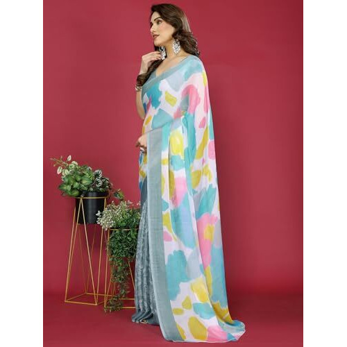 Satrani Women's Chiffon Printed Saree With Unstitched Blouse Piece (4431S731N_Dusty Turquoise &Multi)