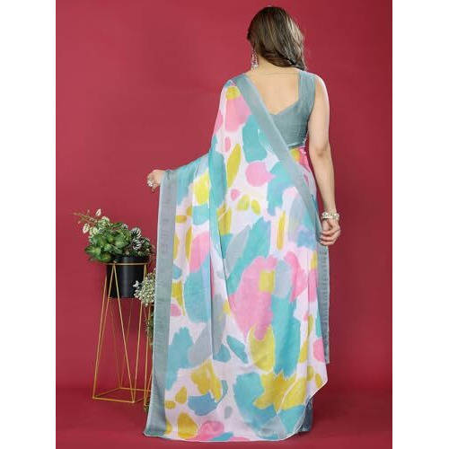 Satrani Women's Chiffon Printed Saree With Unstitched Blouse Piece (4431S731N_Dusty Turquoise &Multi)