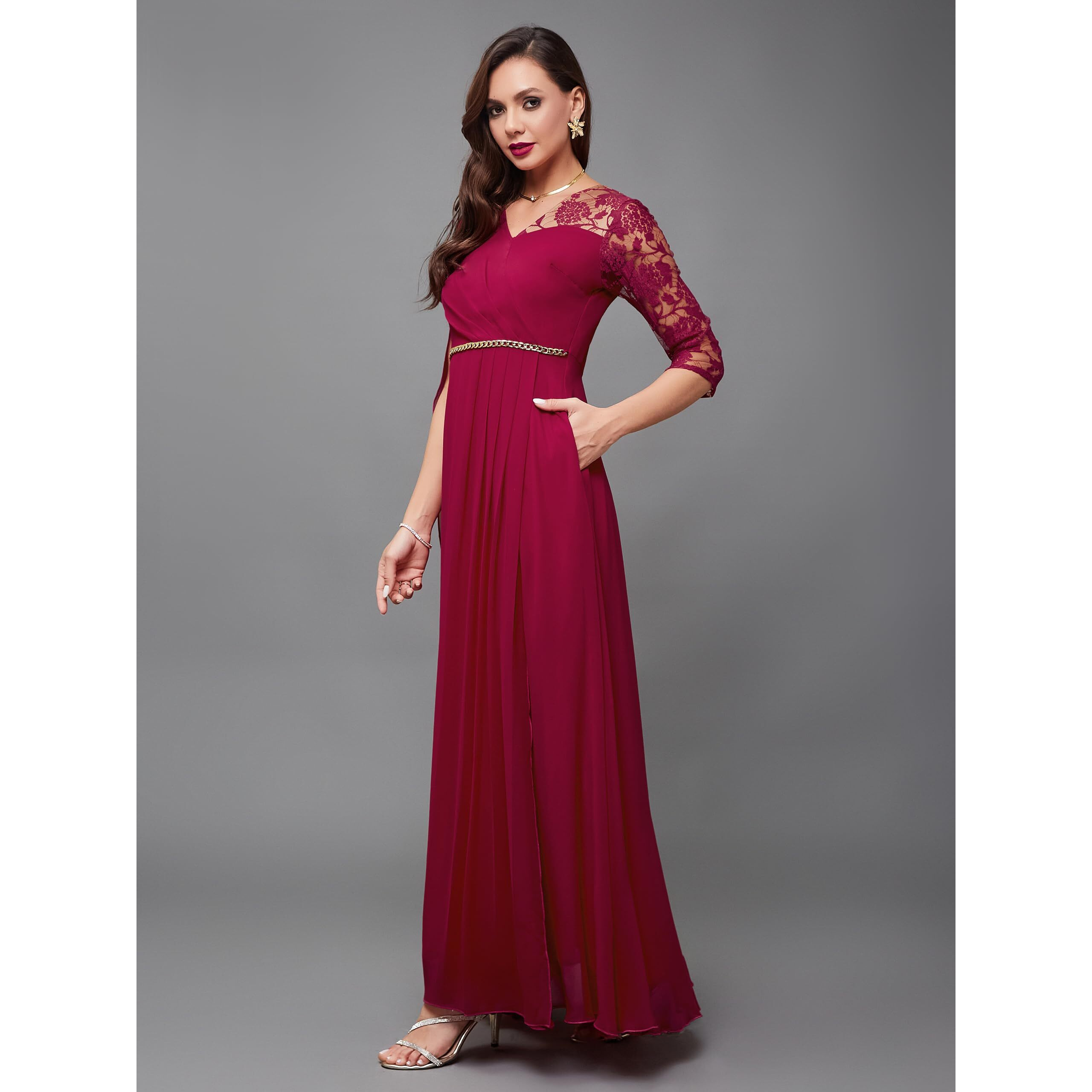 Miss Chase Women's V-Neck Maxi Dress (Mcaw22D06-55-23-05, Dark Pink, L)