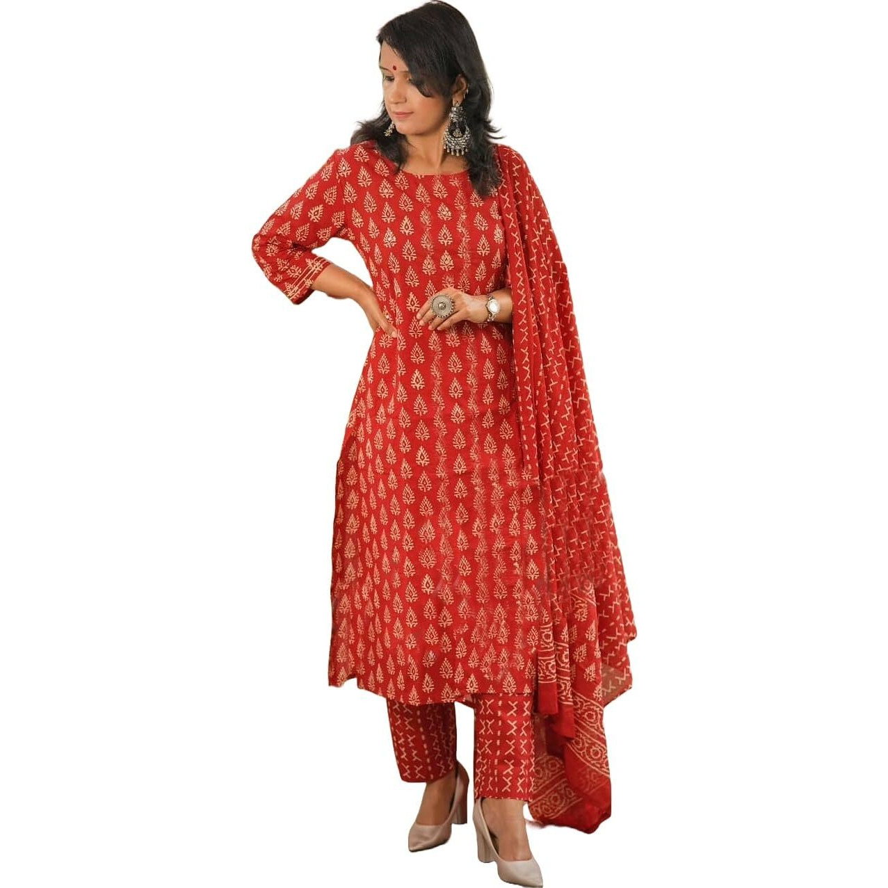 Nermosa Women Printed Kurta And Pant Set With Dupatta (In, Alpha, S, Red)