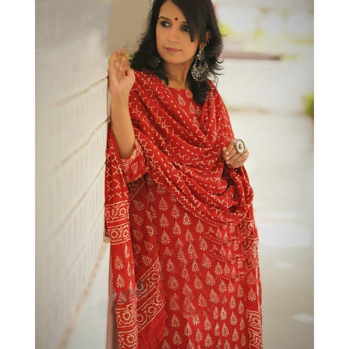 Nermosa Women Printed Kurta And Pant Set With Dupatta (In, Alpha, S, Red)
