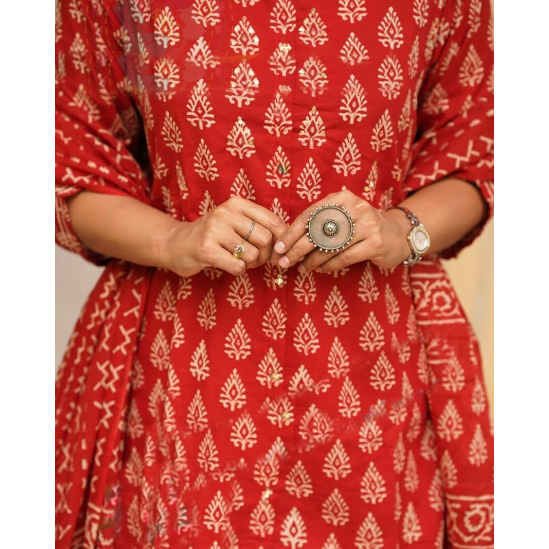 Nermosa Women Printed Kurta And Pant Set With Dupatta (In, Alpha, S, Red)