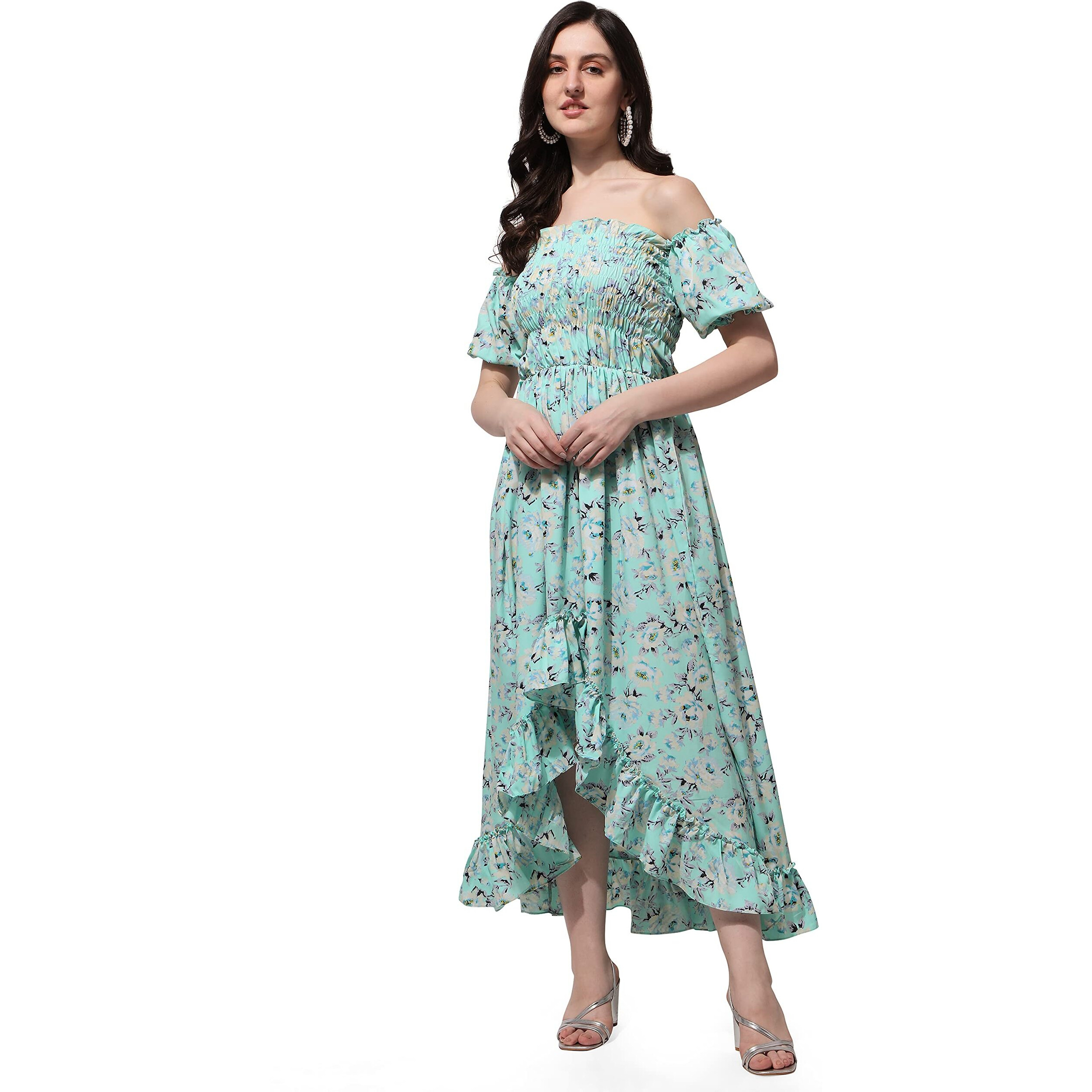Oomph Flared Dress For Women Stylish | Long One Piece For Women | Off Shoulder Puff Sleeve Long Dress | Floral Print Maxi One Piece | Western & Fusion Wear Bohemian Style