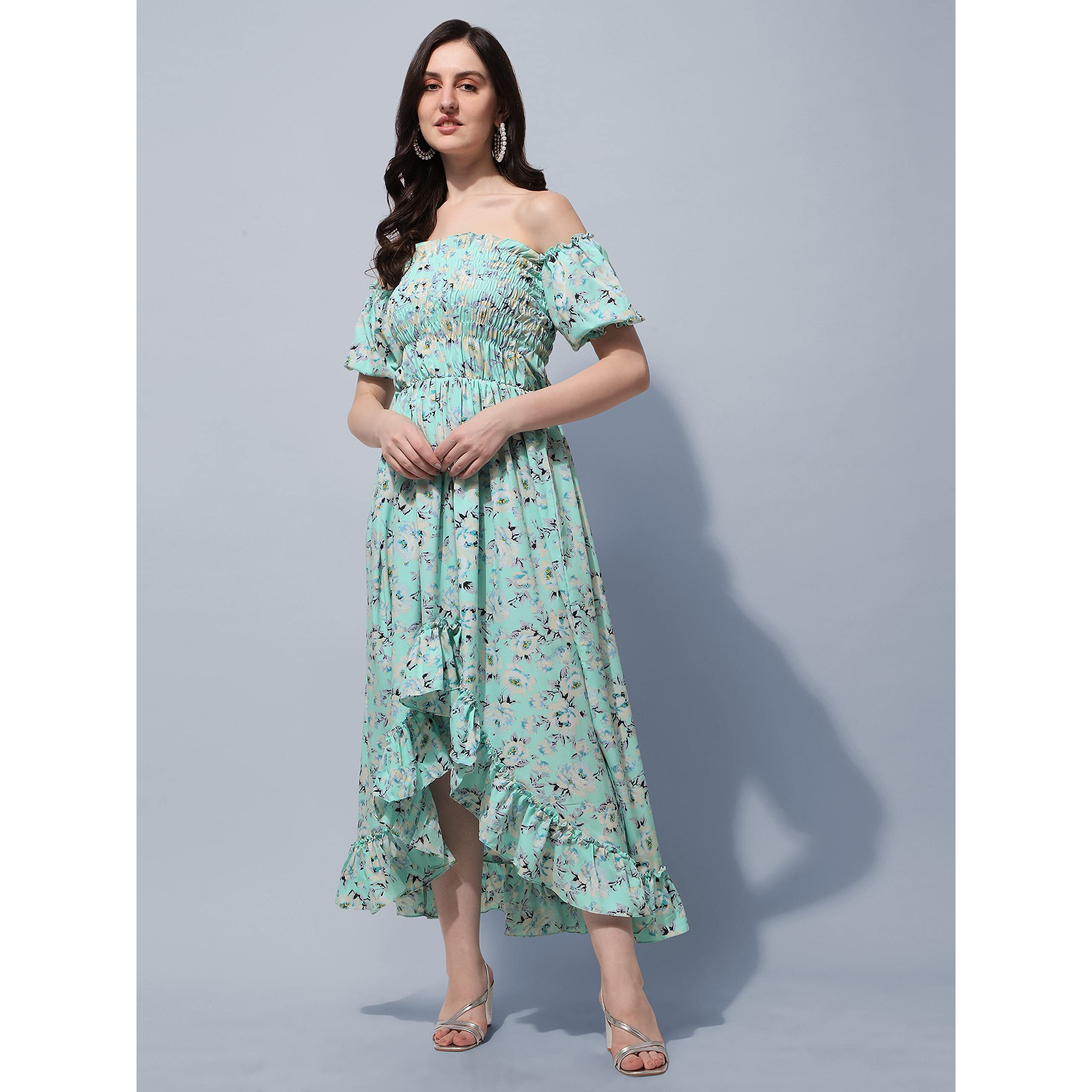 Oomph Flared Dress For Women Stylish | Long One Piece For Women | Off Shoulder Puff Sleeve Long Dress | Floral Print Maxi One Piece | Western & Fusion Wear Bohemian Style
