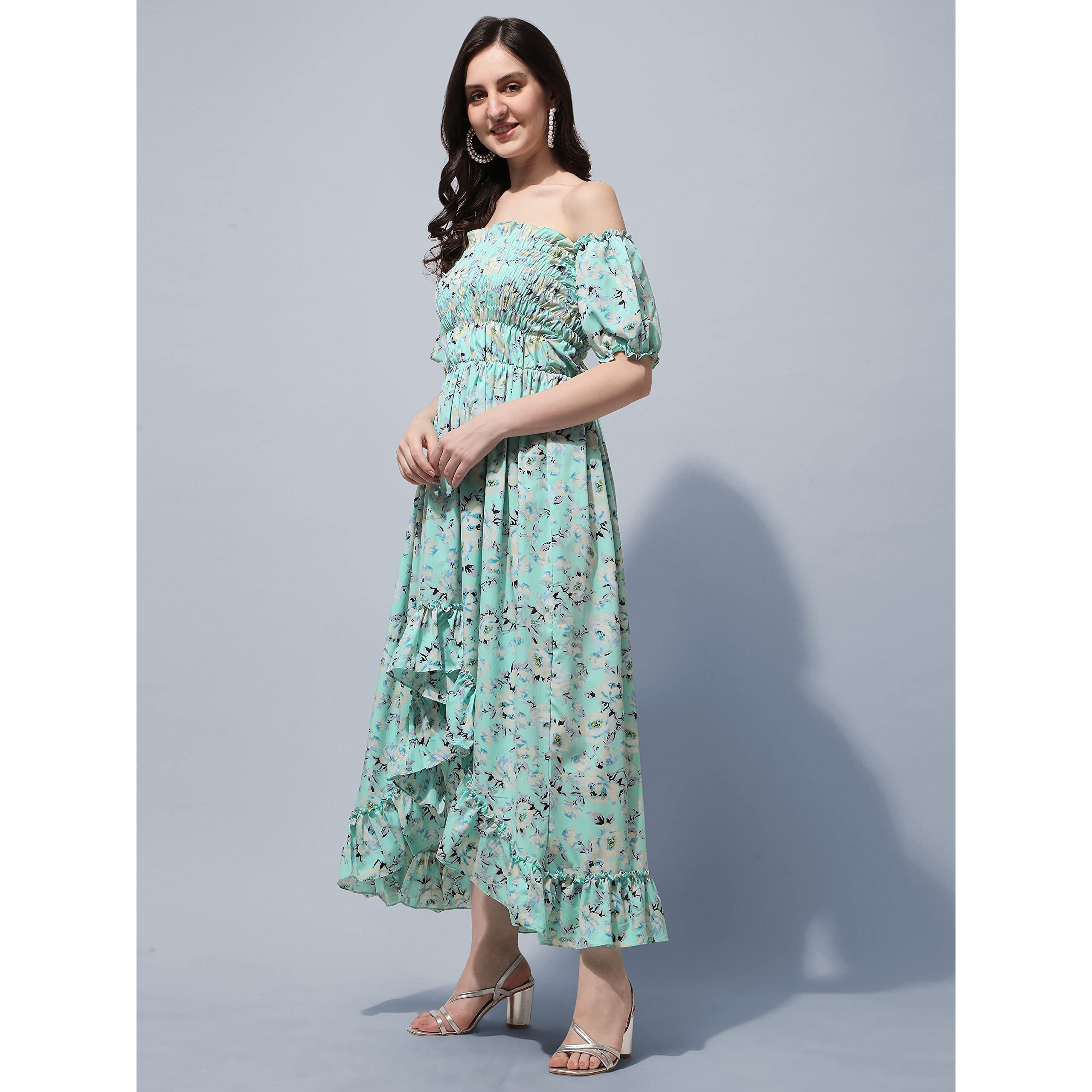 Oomph Flared Dress For Women Stylish | Long One Piece For Women | Off Shoulder Puff Sleeve Long Dress | Floral Print Maxi One Piece | Western & Fusion Wear Bohemian Style