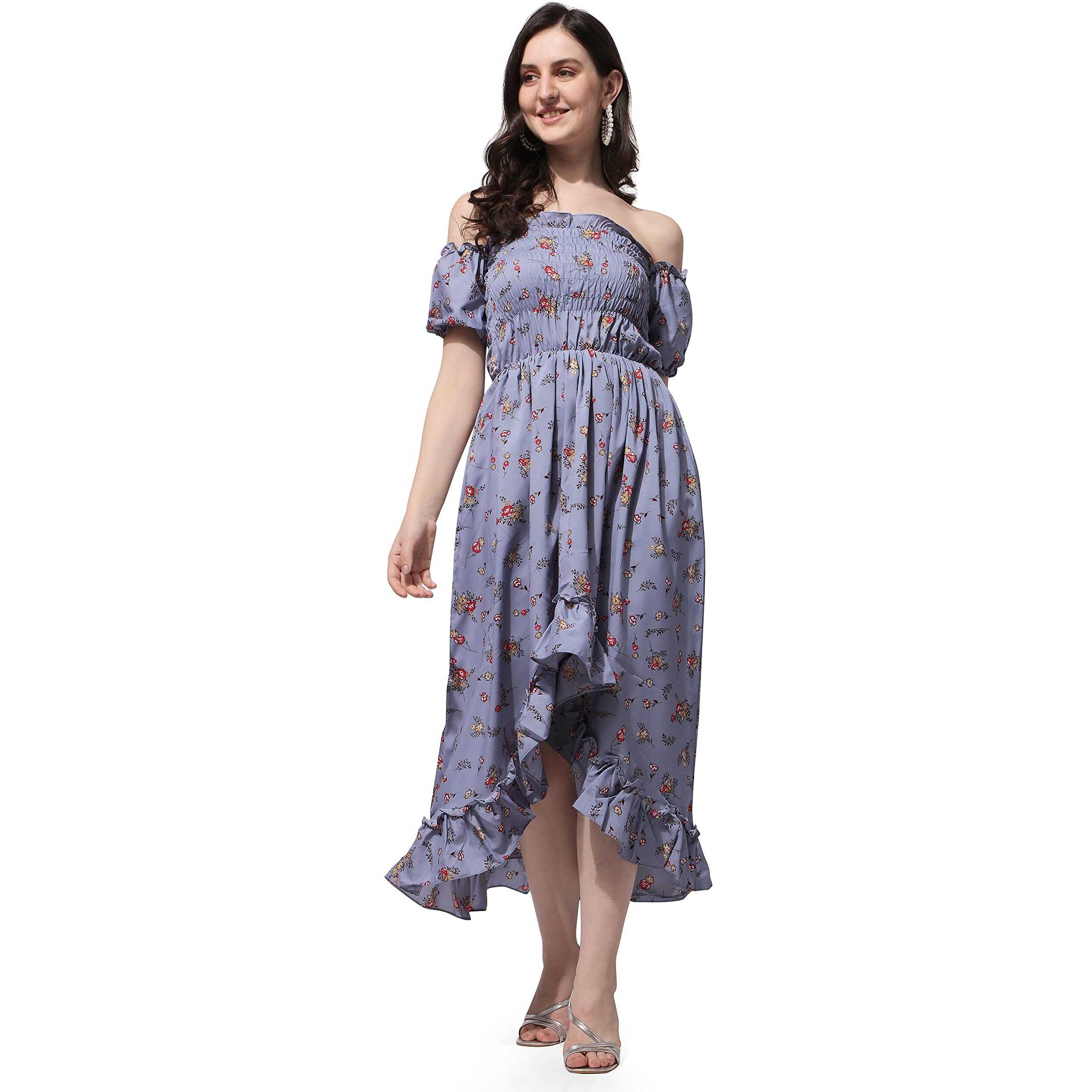 Oomph Flared Dress For Women Stylish | Long One Piece For Women | Off Shoulder Puff Sleeve Long Dress | Floral Print Maxi One Piece | Western & Fusion Wear Bohemian Style Grey