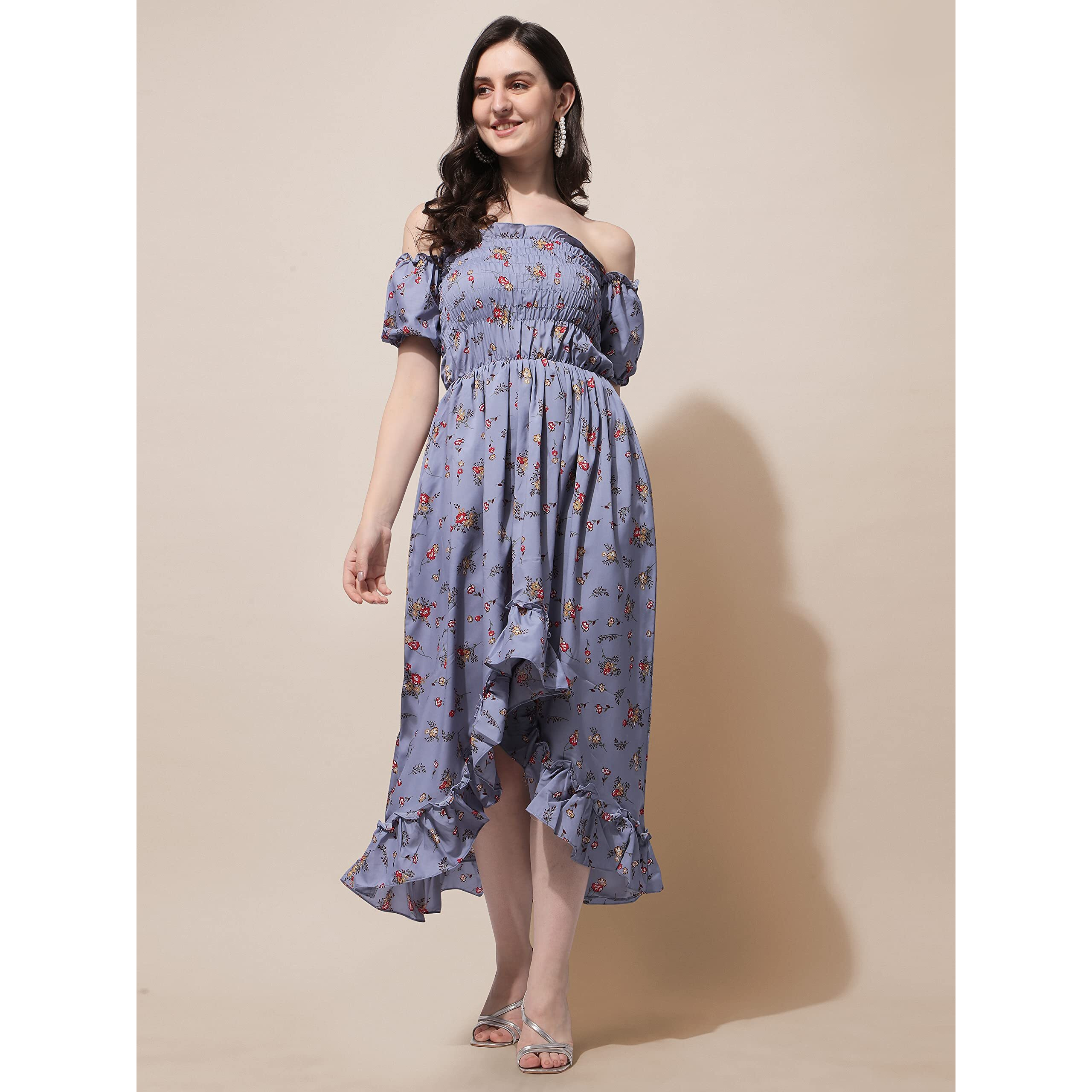 Oomph Flared Dress For Women Stylish | Long One Piece For Women | Off Shoulder Puff Sleeve Long Dress | Floral Print Maxi One Piece | Western & Fusion Wear Bohemian Style Grey
