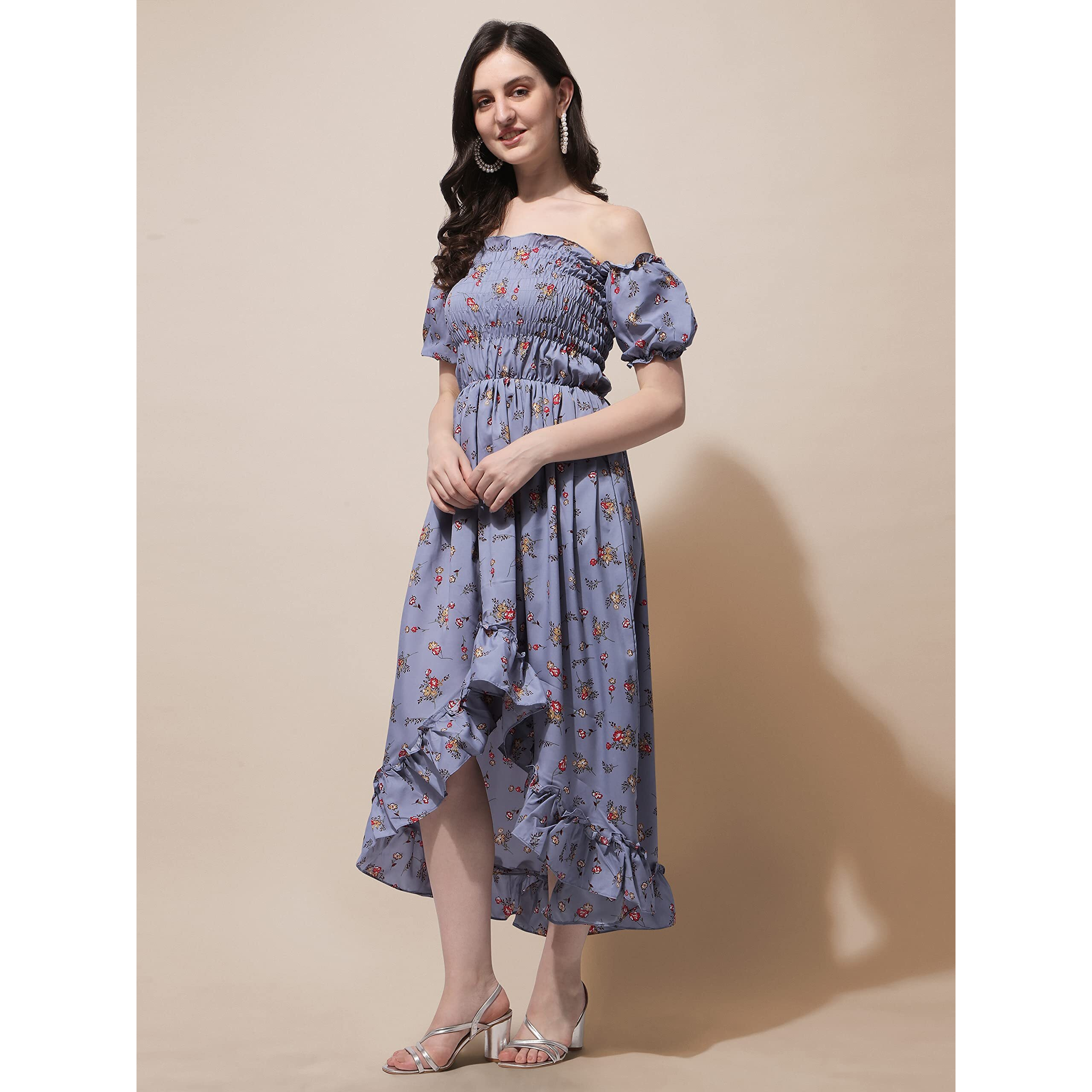 Oomph Flared Dress For Women Stylish | Long One Piece For Women | Off Shoulder Puff Sleeve Long Dress | Floral Print Maxi One Piece | Western & Fusion Wear Bohemian Style Grey