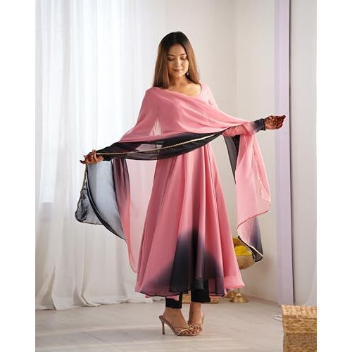 Anni Designer Women's Georgette Anarkali Solid Kurta With Pant & Dupatta (Sade Baby Pink_Xxl_Baby Pink_Xx-Large)
