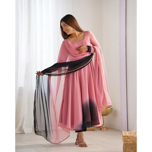 Anni Designer Women's Georgette Anarkali Solid Kurta With Pant & Dupatta (Sade Baby Pink_Xxl_Baby Pink_Xx-Large)