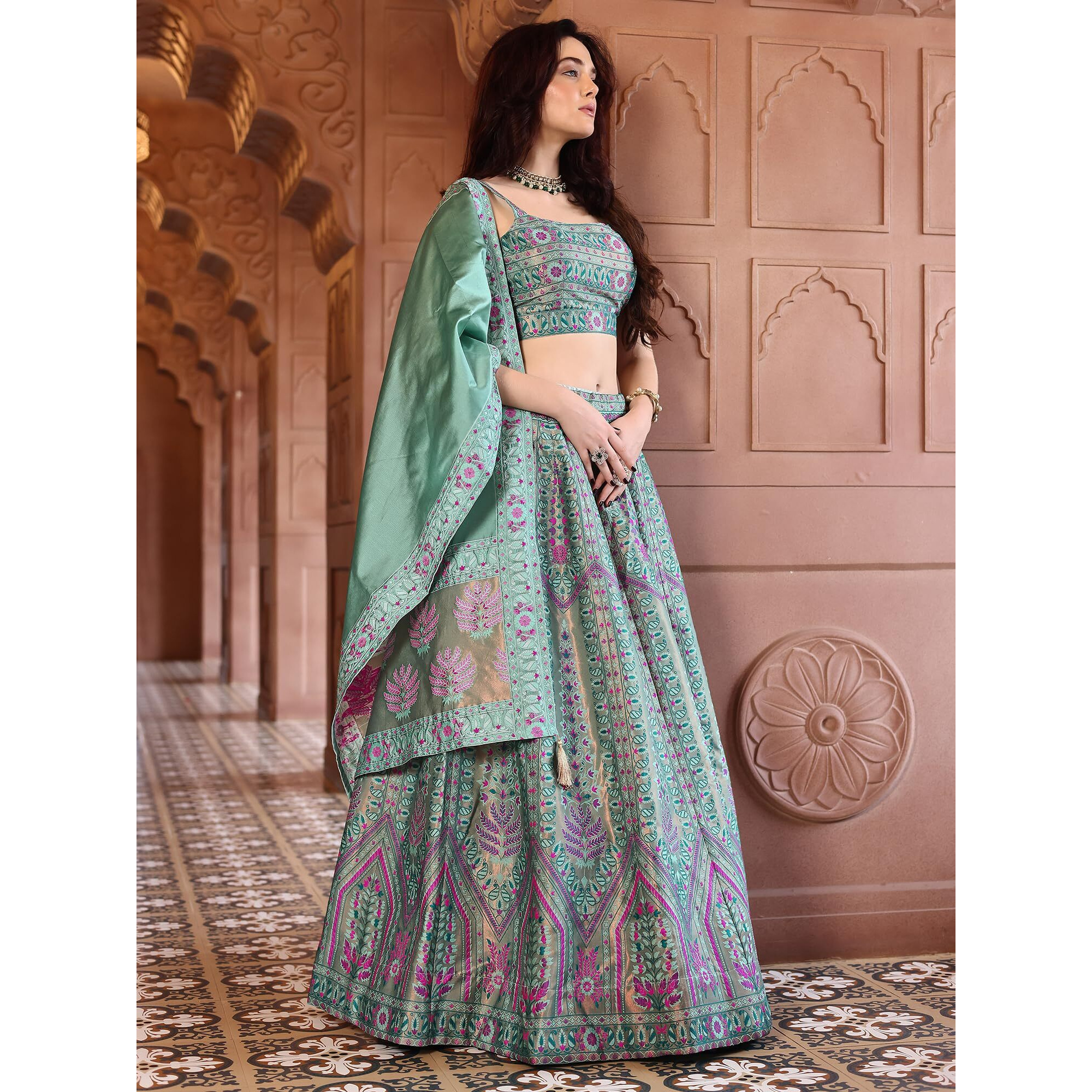 Purvaja Women's Faux Silk Lehengacholiset (Sirat-C-Green_Light Free Size)