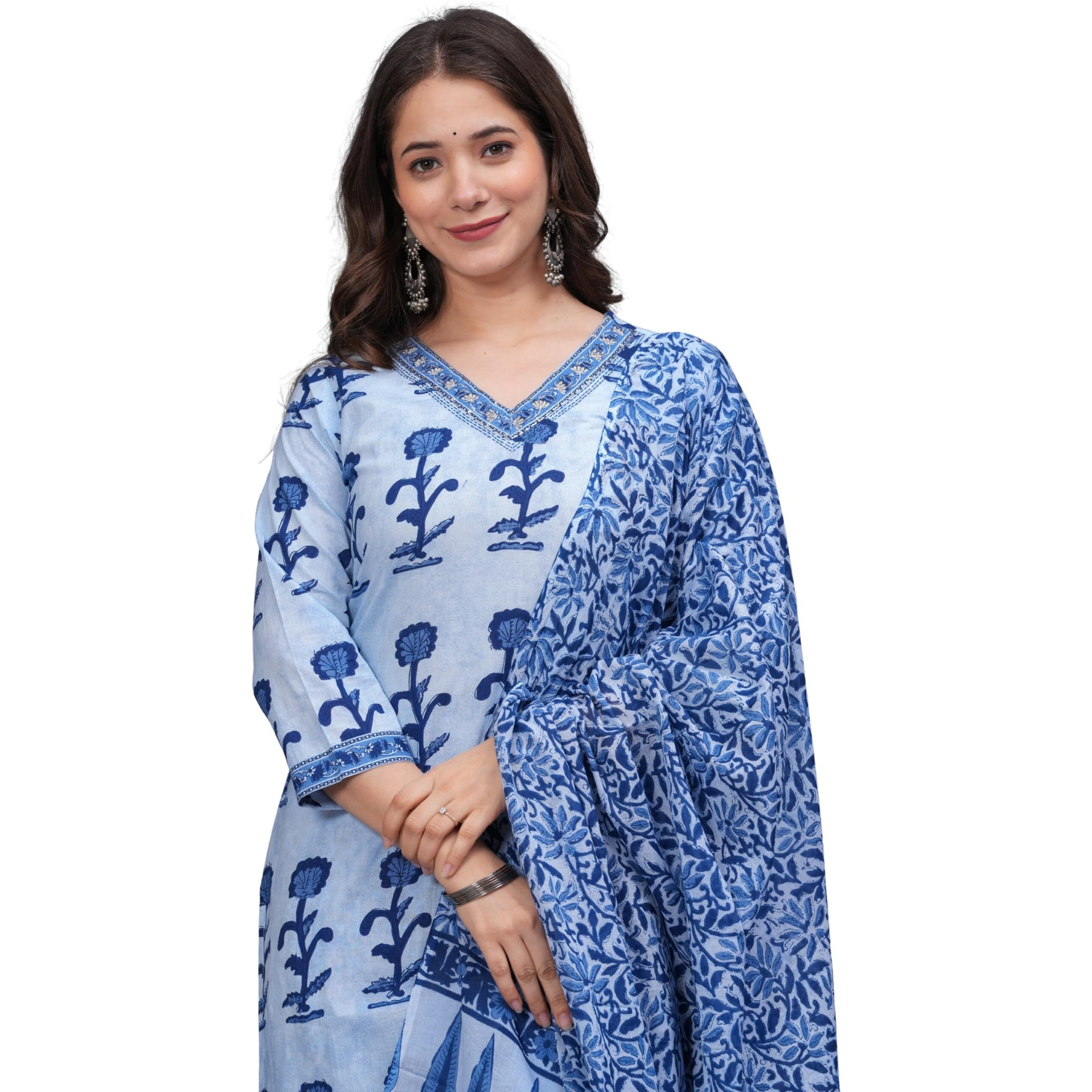 Rytras Women's Pure Cotton Printed Straight Kurta Set With Palazzo Pants & Dupatta- Ethnic Wear, Blue(Ryt616-New,M)