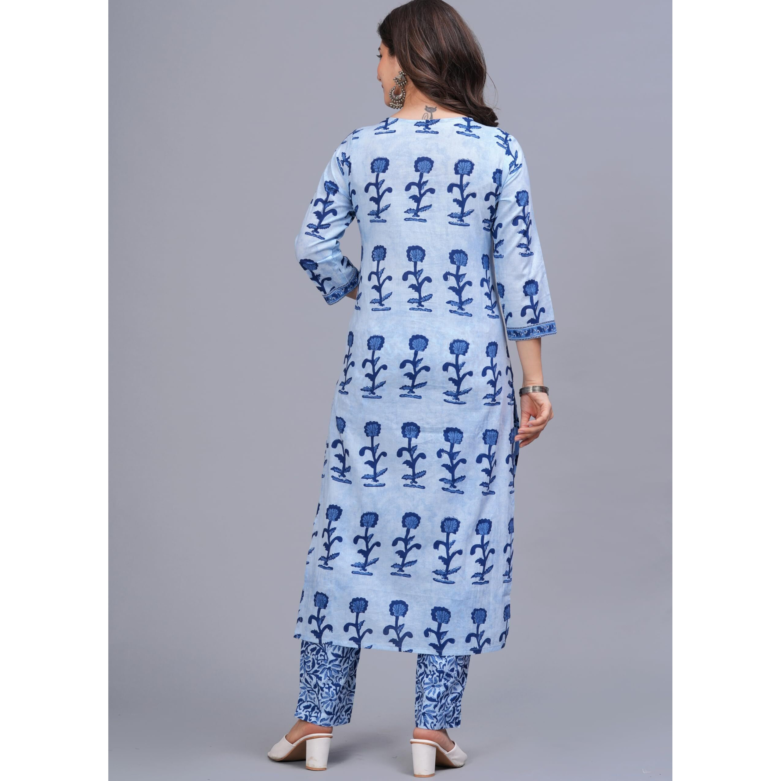 Rytras Women's Pure Cotton Printed Straight Kurta Set With Palazzo Pants & Dupatta- Ethnic Wear, Blue(Ryt616-New,M)