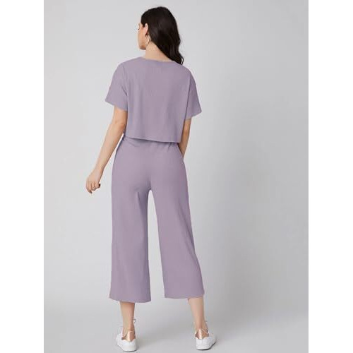 Dhruvi Trendz Womens Ribbed Pyjama Sets Regular Fit Co-Ord Set (Dt-W1788&Tr847_Pruple_X Large), Purple