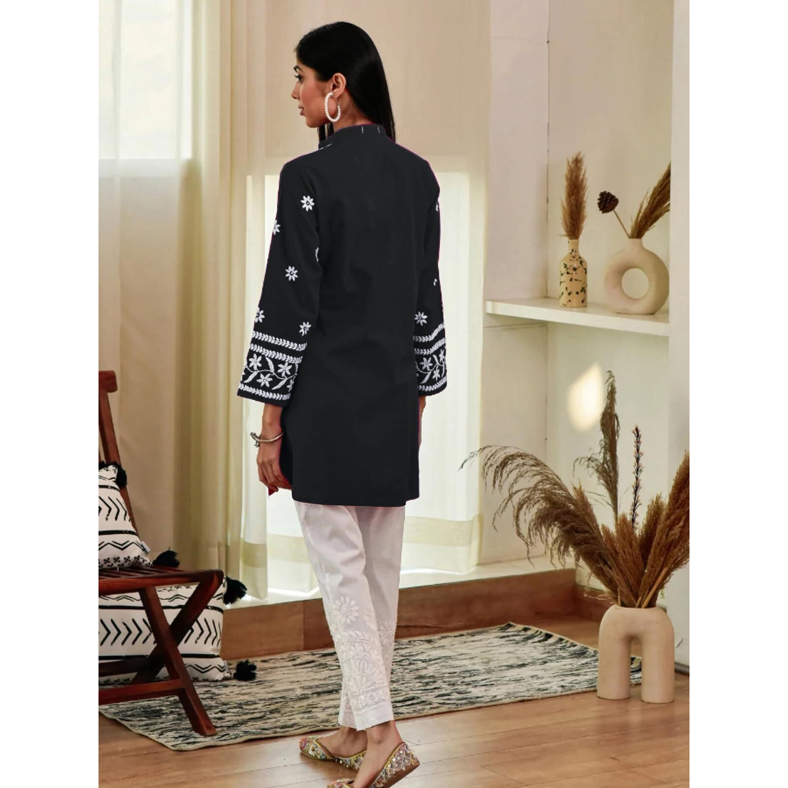 Sanisa Women's Rayon Chikankari Embroidered Short Kurti (478K275N-Xxl_Black)