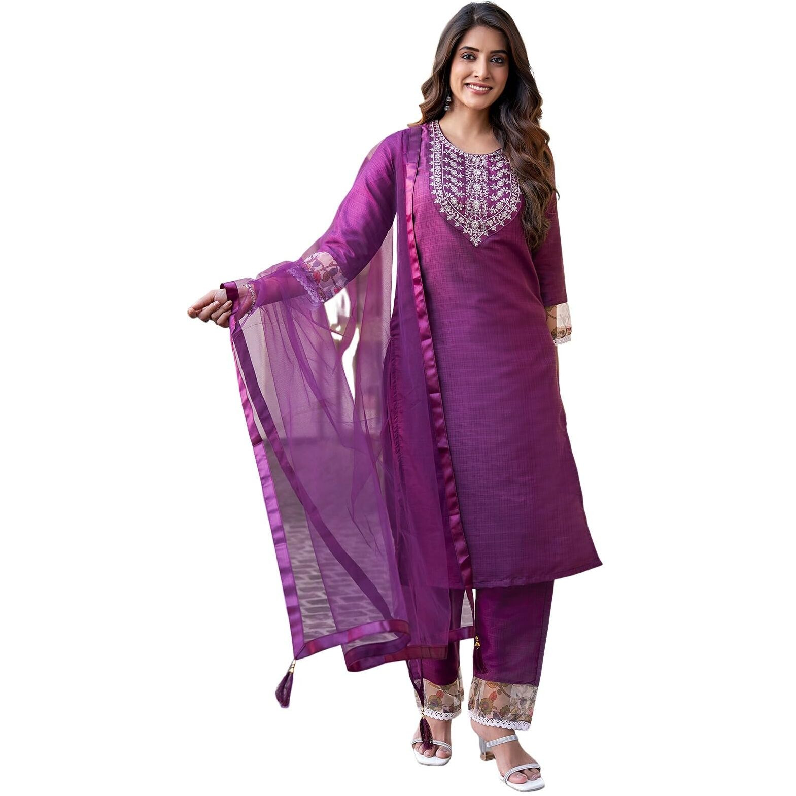 Sanisa Women's Art Silk Sequence Embroidery Work Straight Kurta With Pant And Dupatta Set (163Kbd1755Nr-L_Wine)