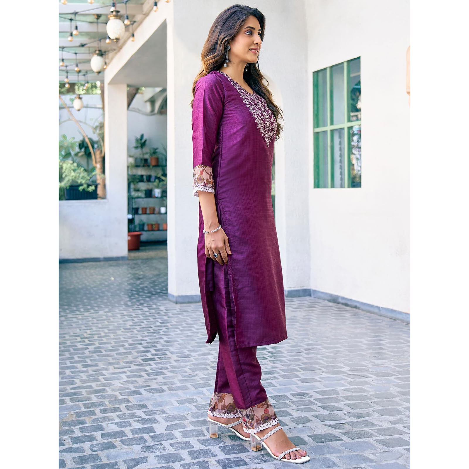 Sanisa Women's Art Silk Sequence Embroidery Work Straight Kurta With Pant And Dupatta Set (163Kbd1755Nr-L_Wine)
