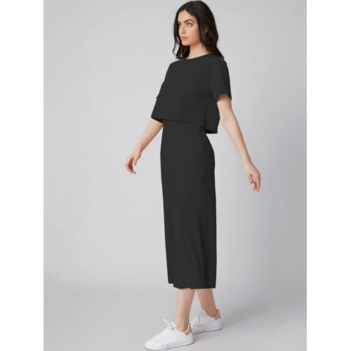 Dhruvi Trendz Womens Ribbed Pyjama Sets Regular Fit Co-Ord Set (Dt-W1789&Tr848_Black_Xl)